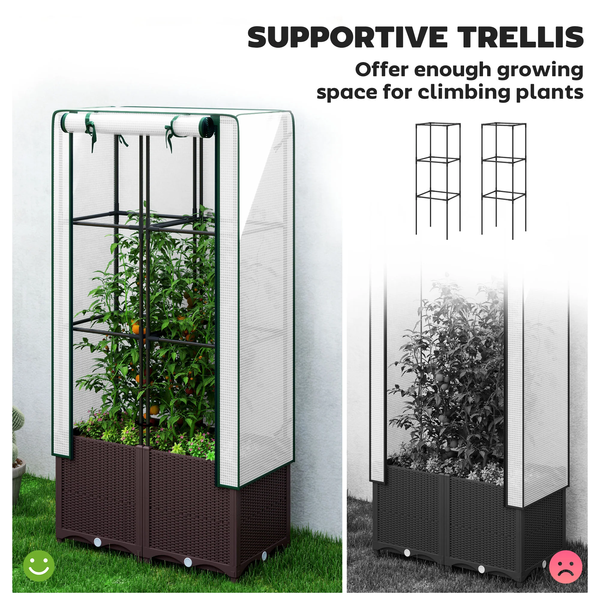Raised Garden Bed with Trellis, Plastic Planter Box with PE Cover, Drainage Holes and Drain Plugs for Climbing Plants, Vegetables, Flowers, 80 x 40 x 140 cm - Image 6