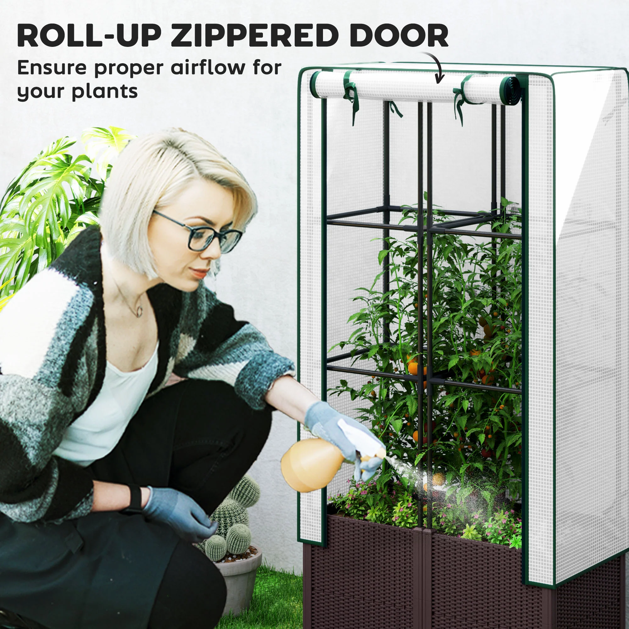 Raised Garden Bed with Trellis, Plastic Planter Box with PE Cover, Drainage Holes and Drain Plugs for Climbing Plants, Vegetables, Flowers, 80 x 40 x 140 cm - Image 8
