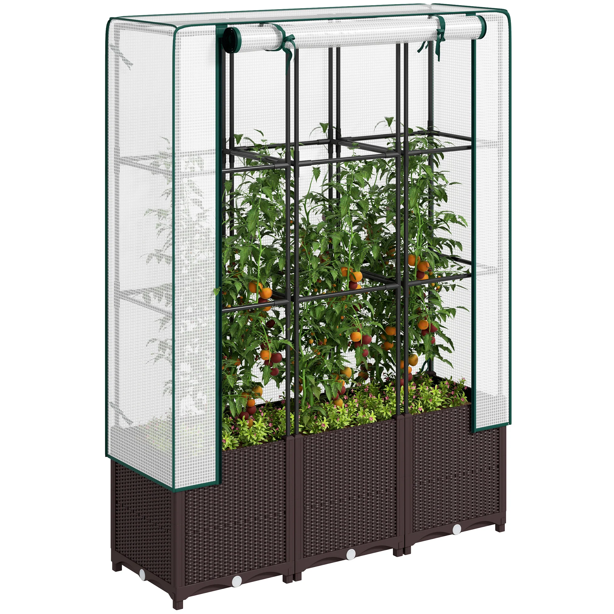Raised Garden Bed with Trellis, Plastic Planter Box with PE Cover, Drainage Holes and Drain Plugs for Climbing Plants, Vegetables, Flowers, 120 x 40 x 140 cm