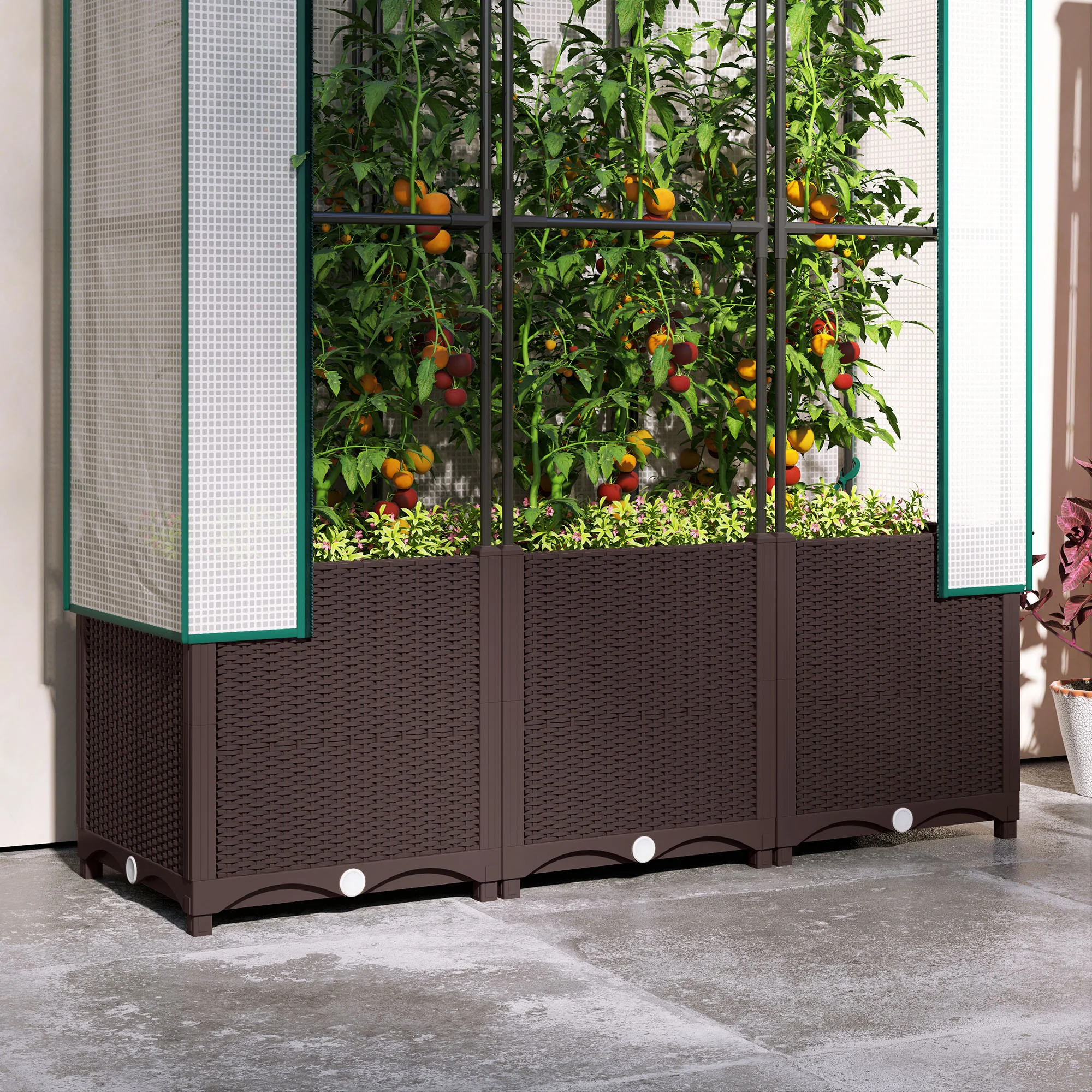 Raised Garden Bed with Trellis, Plastic Planter Box with PE Cover, Drainage Holes and Drain Plugs for Climbing Plants, Vegetables, Flowers, 120 x 40 x 140 cm - Image 11
