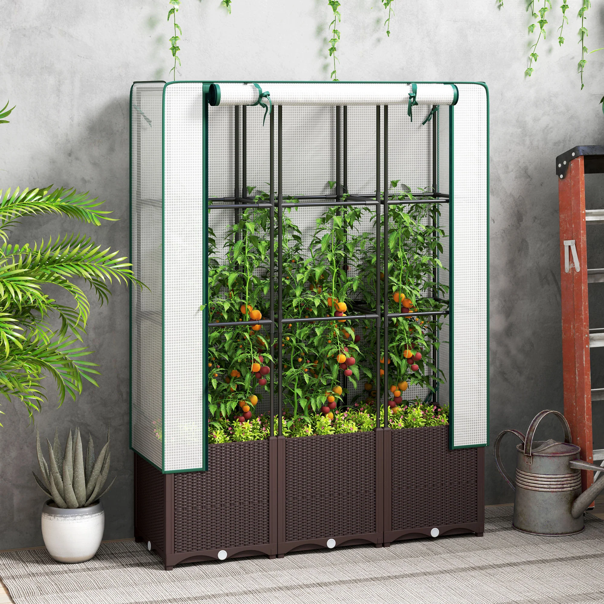 Raised Garden Bed with Trellis, Plastic Planter Box with PE Cover, Drainage Holes and Drain Plugs for Climbing Plants, Vegetables, Flowers, 120 x 40 x 140 cm - Image 3