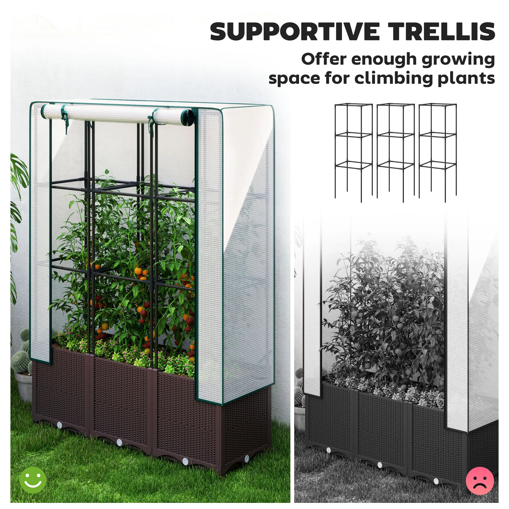 Raised Garden Bed with Trellis, Plastic Planter Box with PE Cover, Drainage Holes and Drain Plugs for Climbing Plants, Vegetables, Flowers, 120 x 40 x 140 cm - Image 6
