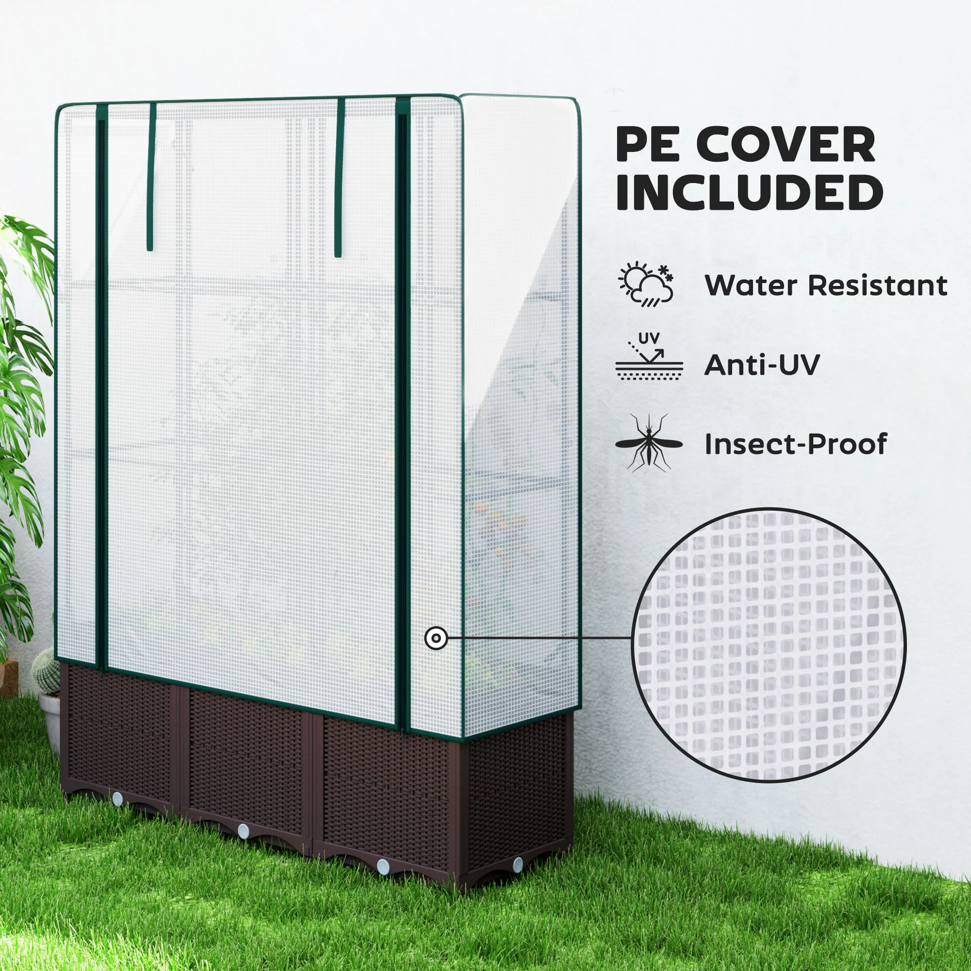 Raised Garden Bed with Trellis, Plastic Planter Box with PE Cover, Drainage Holes and Drain Plugs for Climbing Plants, Vegetables, Flowers, 120 x 40 x 140 cm - Image 7