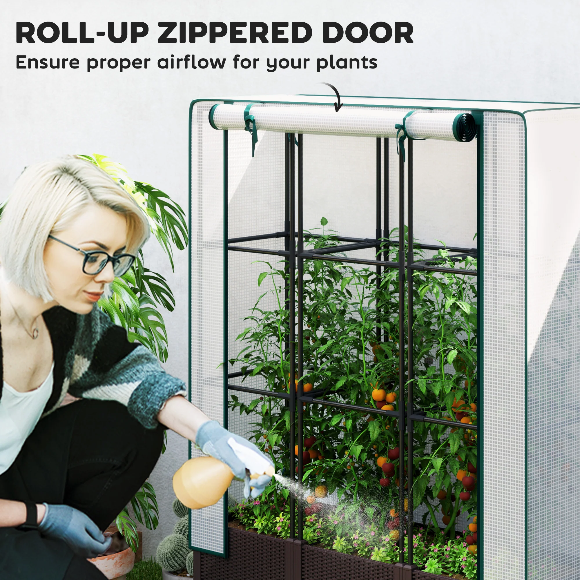 Raised Garden Bed with Trellis, Plastic Planter Box with PE Cover, Drainage Holes and Drain Plugs for Climbing Plants, Vegetables, Flowers, 120 x 40 x 140 cm - Image 8