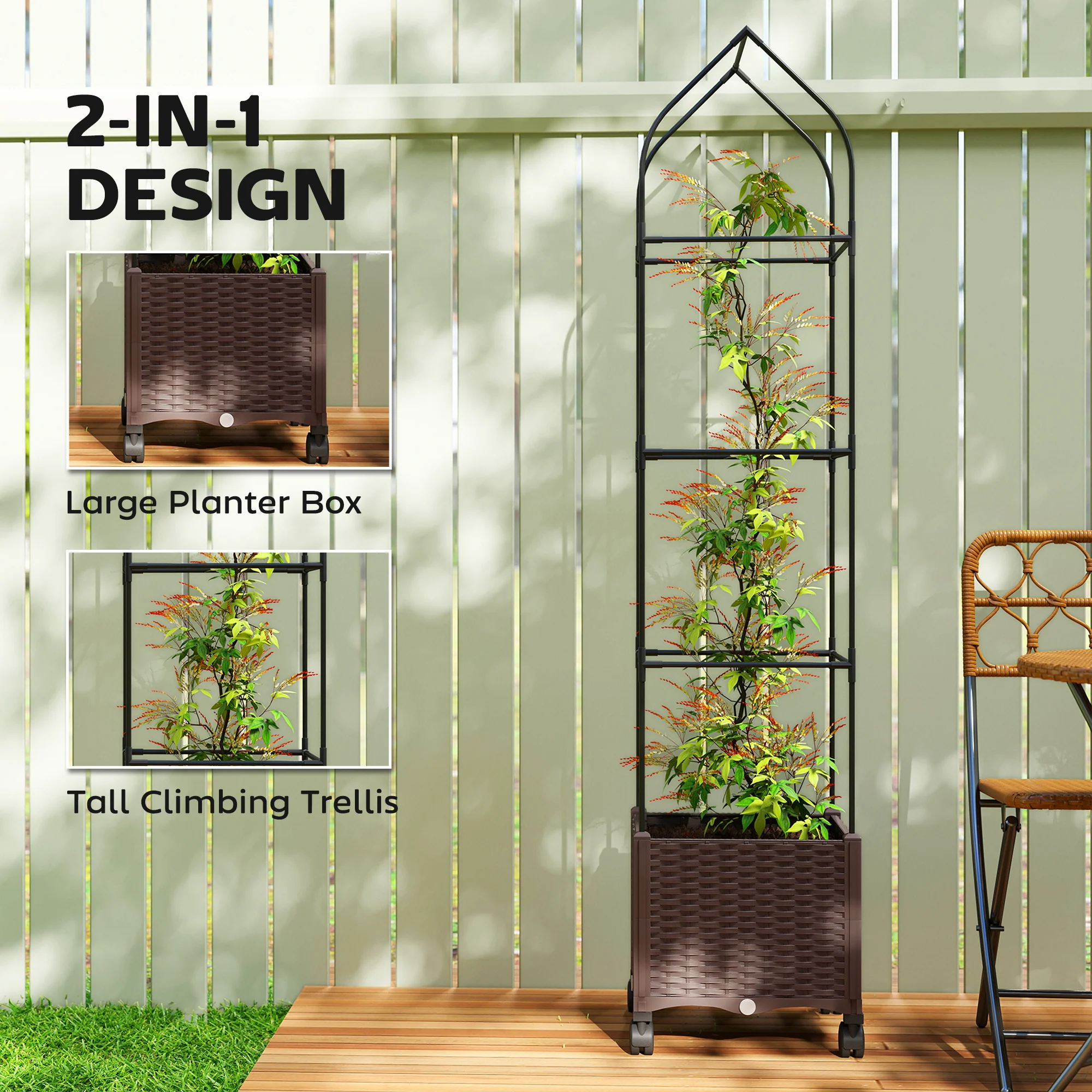 Self Watering Raised Garden Bed with Trellis & Wheels, Brown - Image 6