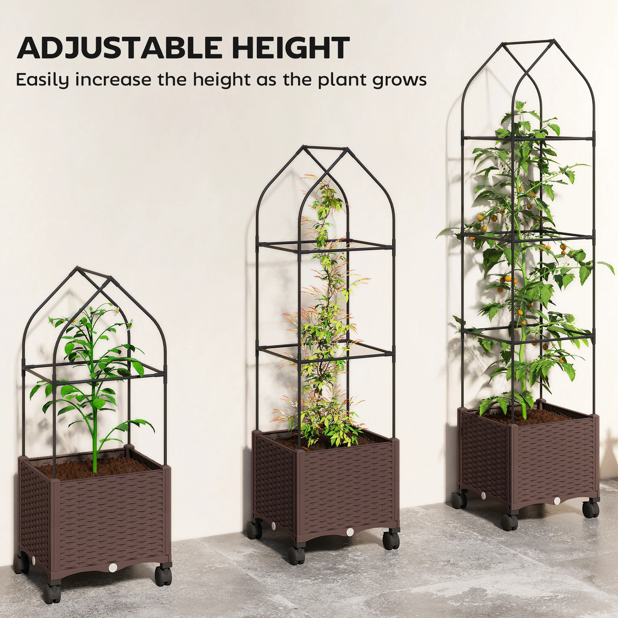 Self Watering Raised Garden Bed with Trellis & Wheels, Brown - Image 7