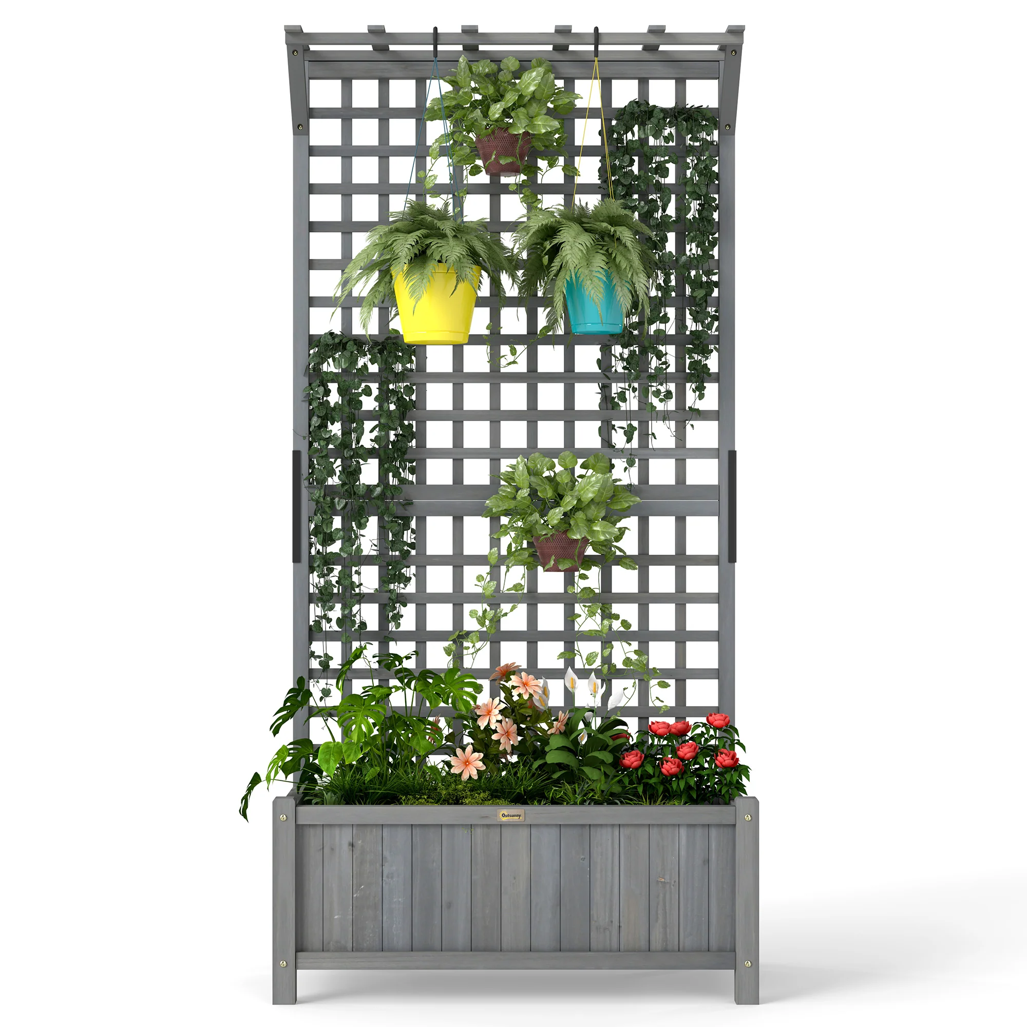 Raised Garden Bed, Wood Planter with Trellis for Vine Climbing, Privacy Screen Planter Box to Grow Vegetables, Herbs, and Flowers for Backyard, Patio, Deck, Dark Grey - Image 2