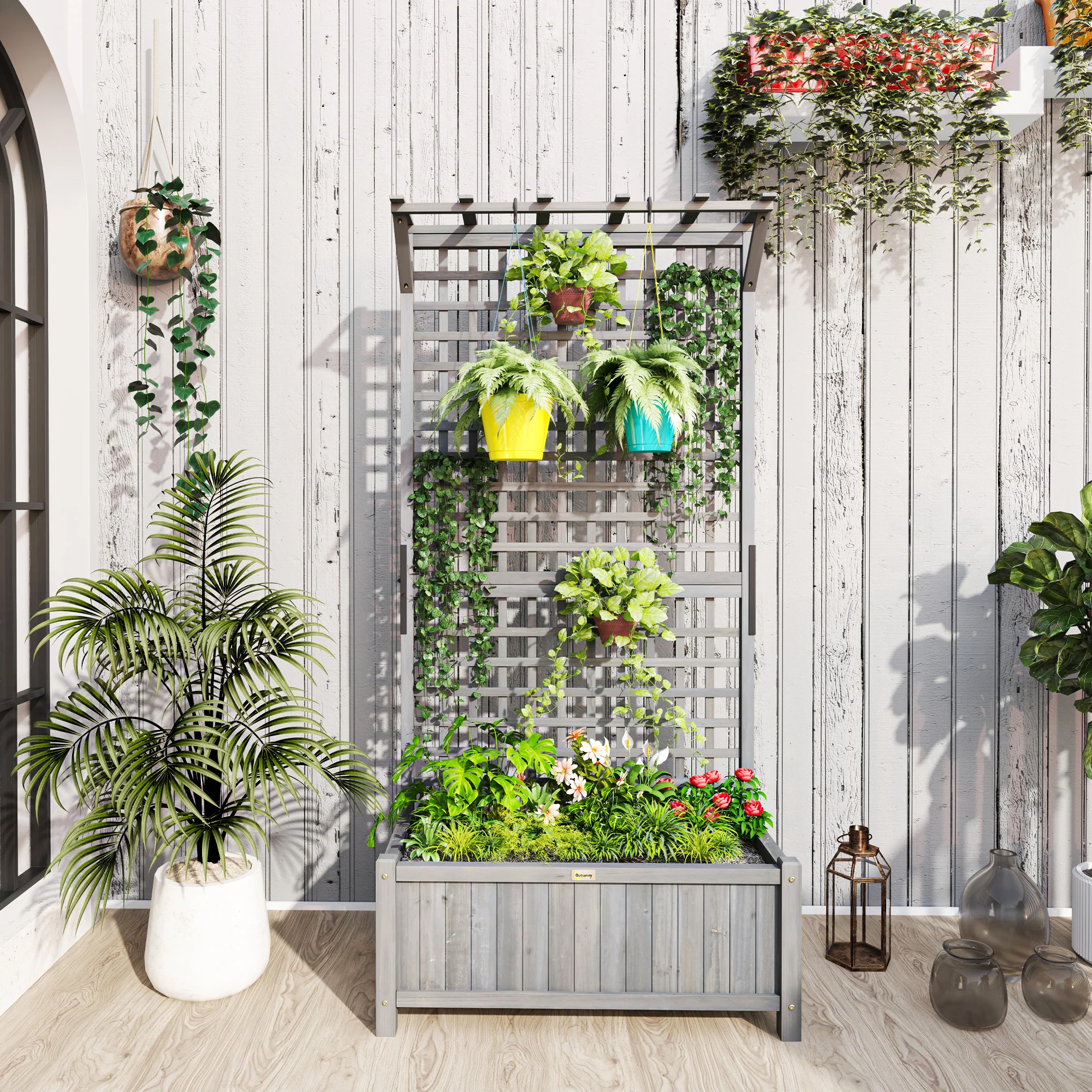 Raised Garden Bed, Wood Planter with Trellis for Vine Climbing, Privacy Screen Planter Box to Grow Vegetables, Herbs, and Flowers for Backyard, Patio, Deck, Dark Grey - Image 3
