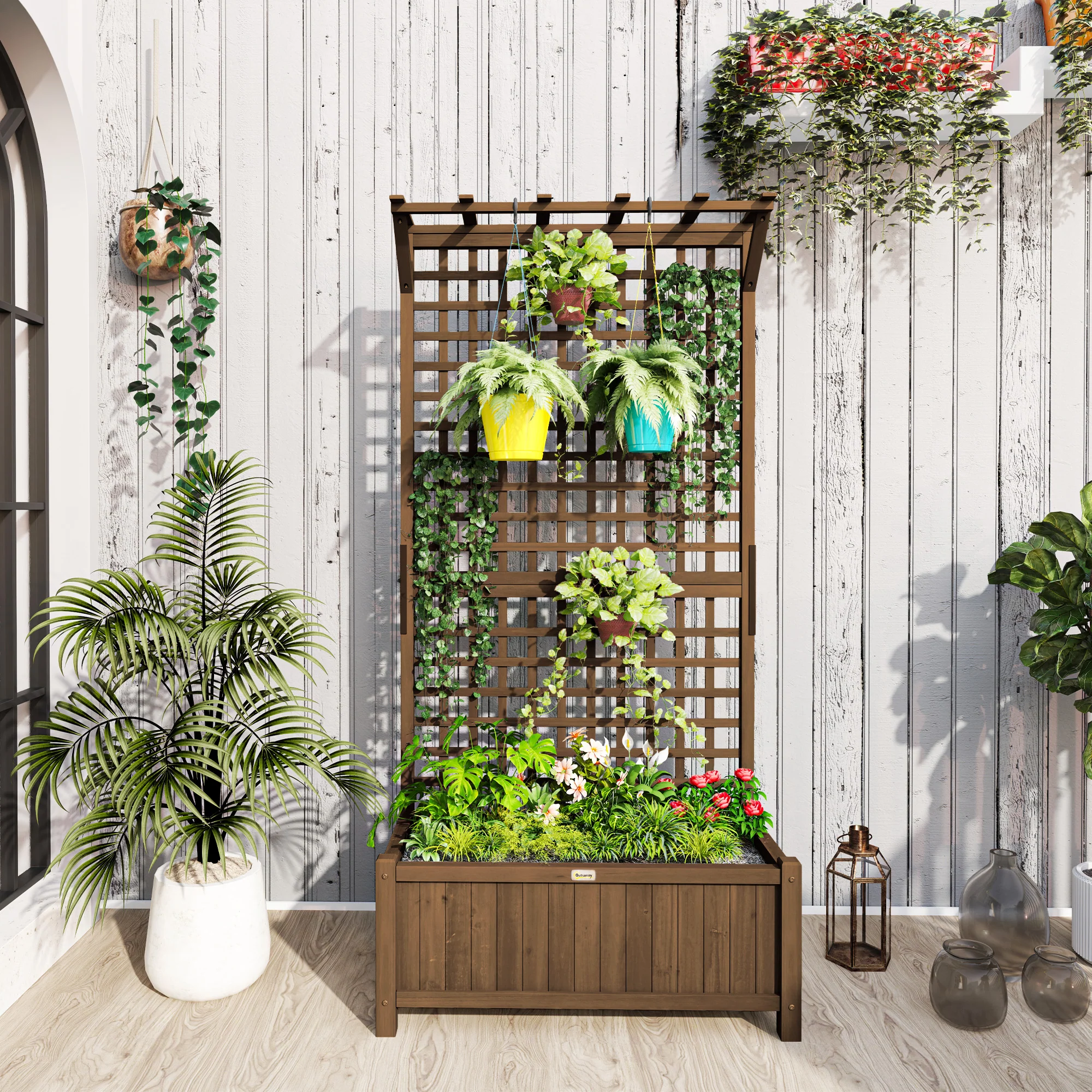 Raised Garden Bed, Wood Planter with Trellis for Vine Climbing, Privacy Screen Planter Box to Grow Vegetables, Herbs, and Flowers for Backyard, Patio, Deck, Coffee - Image 3