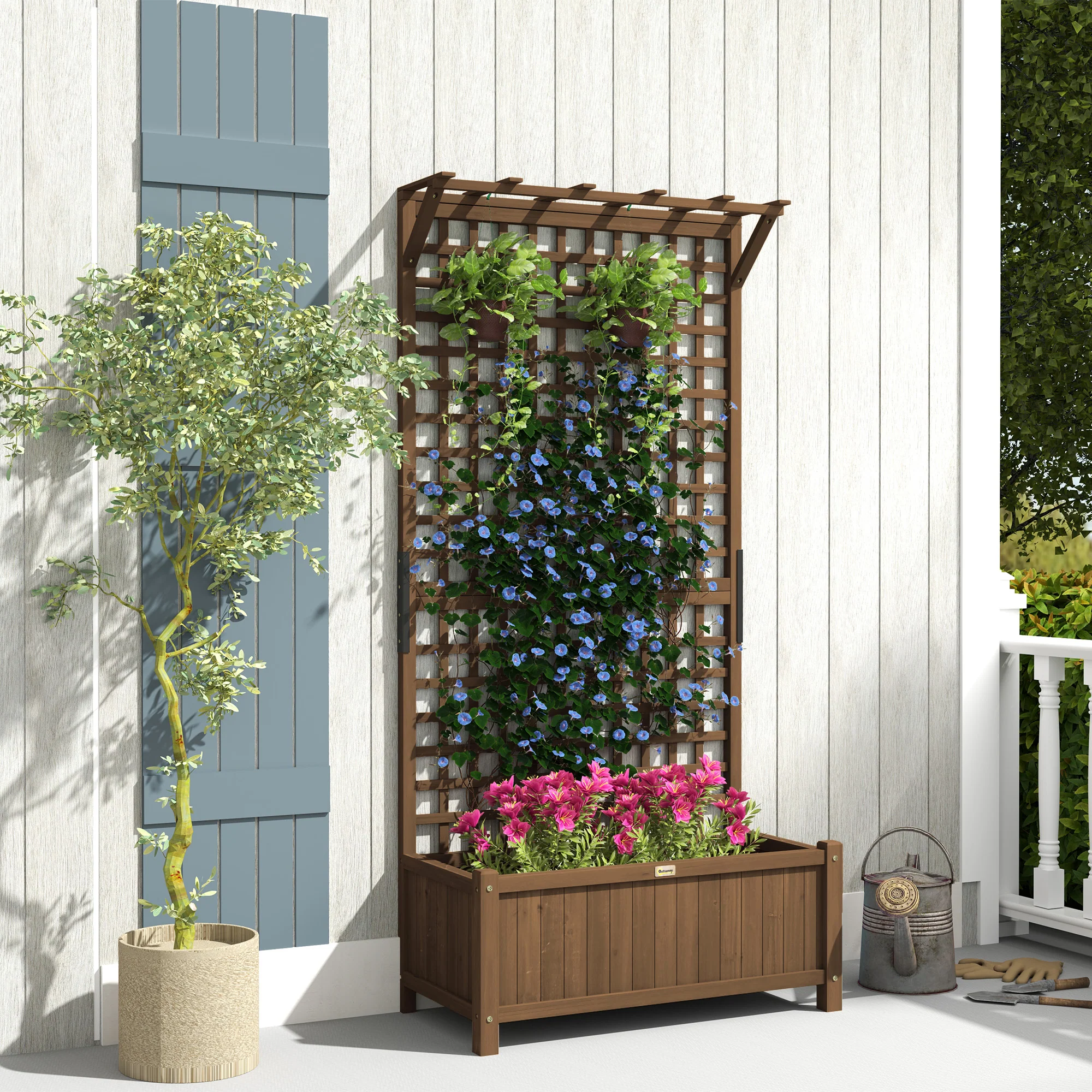 Raised Garden Bed, Wood Planter with Trellis for Vine Climbing, Privacy Screen Planter Box to Grow Vegetables, Herbs, and Flowers for Backyard, Patio, Deck, Coffee - Image 4