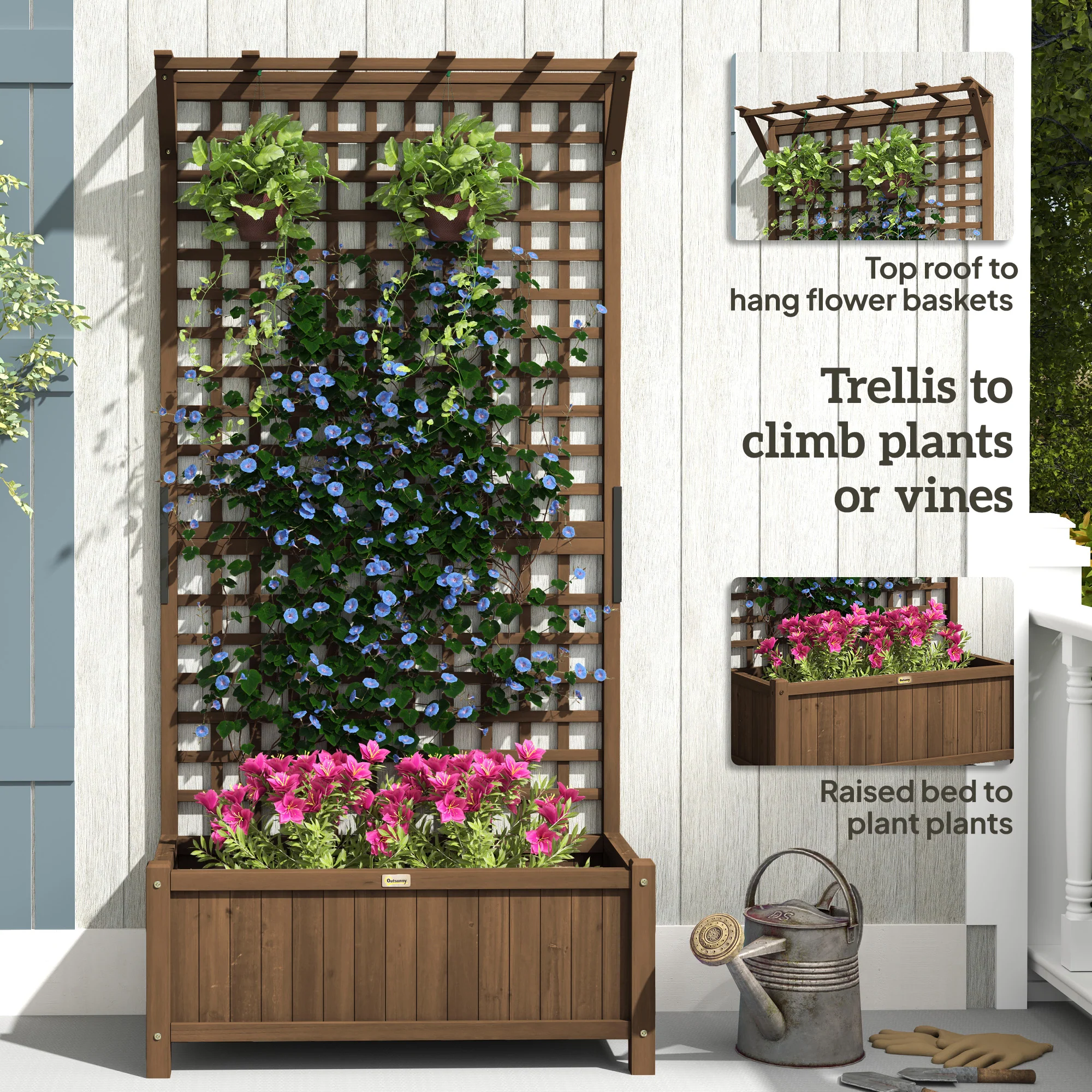 Raised Garden Bed, Wood Planter with Trellis for Vine Climbing, Privacy Screen Planter Box to Grow Vegetables, Herbs, and Flowers for Backyard, Patio, Deck, Coffee - Image 7