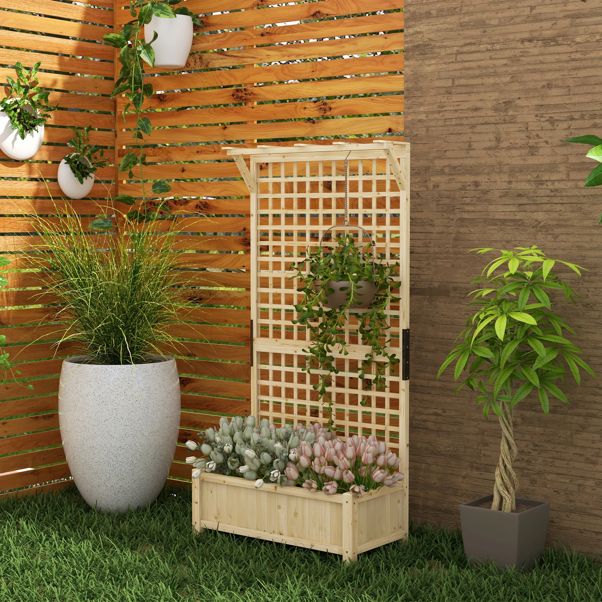 Raised Garden Bed, Wood Planter with Trellis for Vine Climbing, Privacy Screen Planter Box to Grow Vegetables, Herbs, and Flowers for Backyard, Patio, Deck, Natural Wood - Image 10