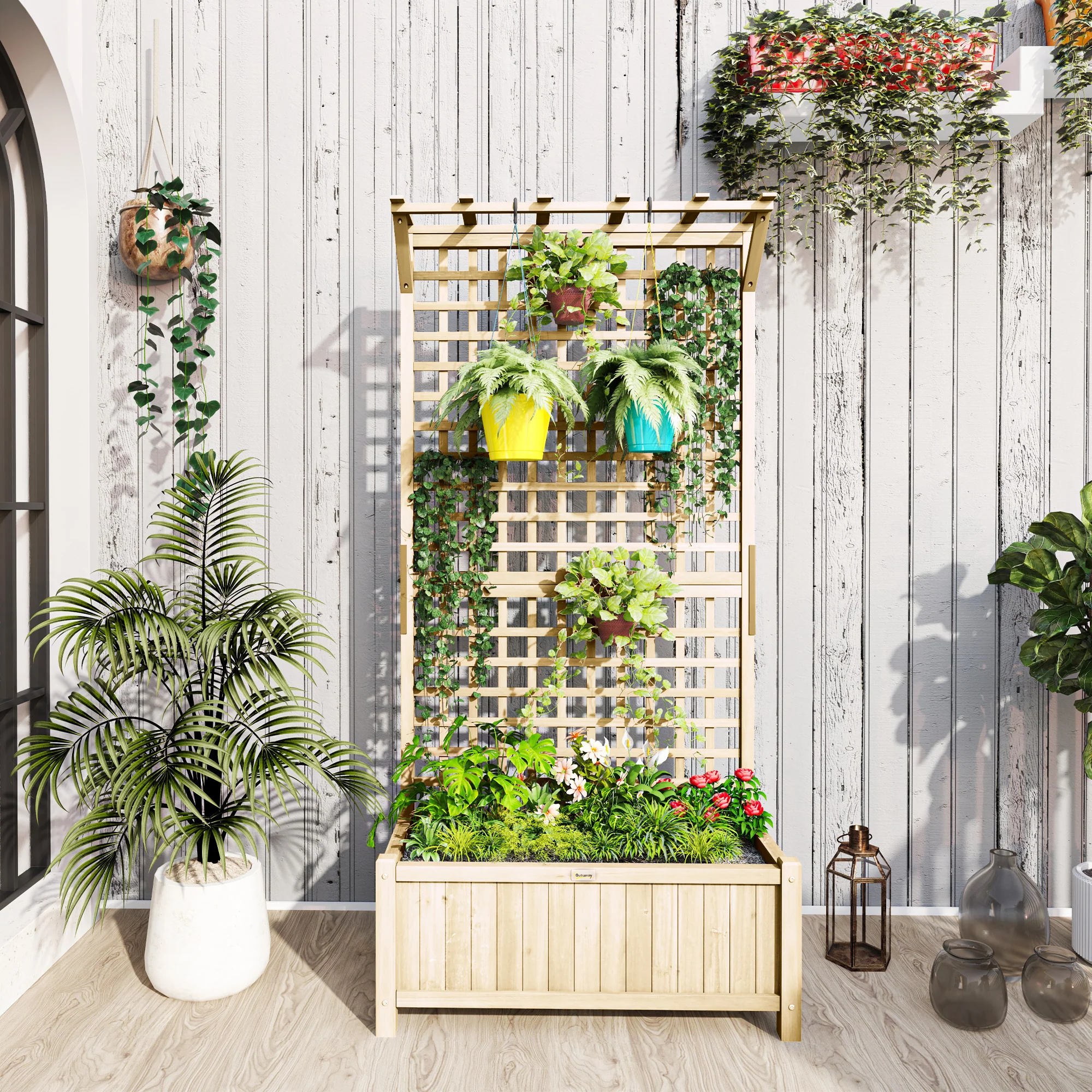 Raised Garden Bed, Wood Planter with Trellis for Vine Climbing, Privacy Screen Planter Box to Grow Vegetables, Herbs, and Flowers for Backyard, Patio, Deck, Natural Wood - Image 3