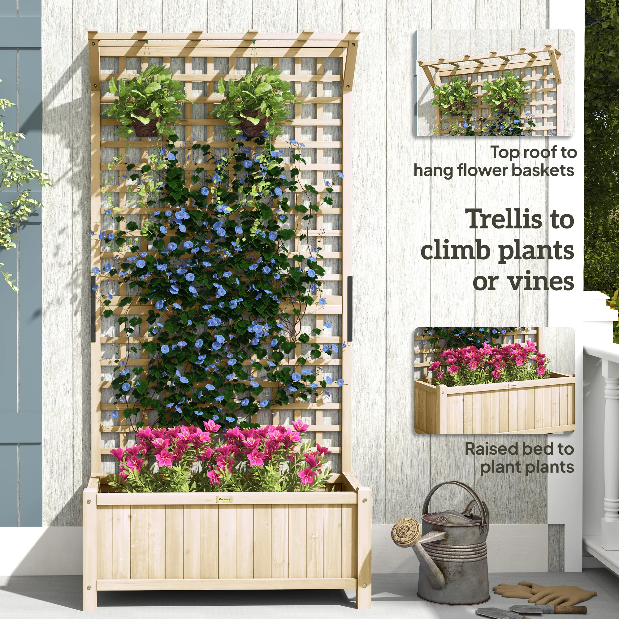 Raised Garden Bed, Wood Planter with Trellis for Vine Climbing, Privacy Screen Planter Box to Grow Vegetables, Herbs, and Flowers for Backyard, Patio, Deck, Natural Wood - Image 7