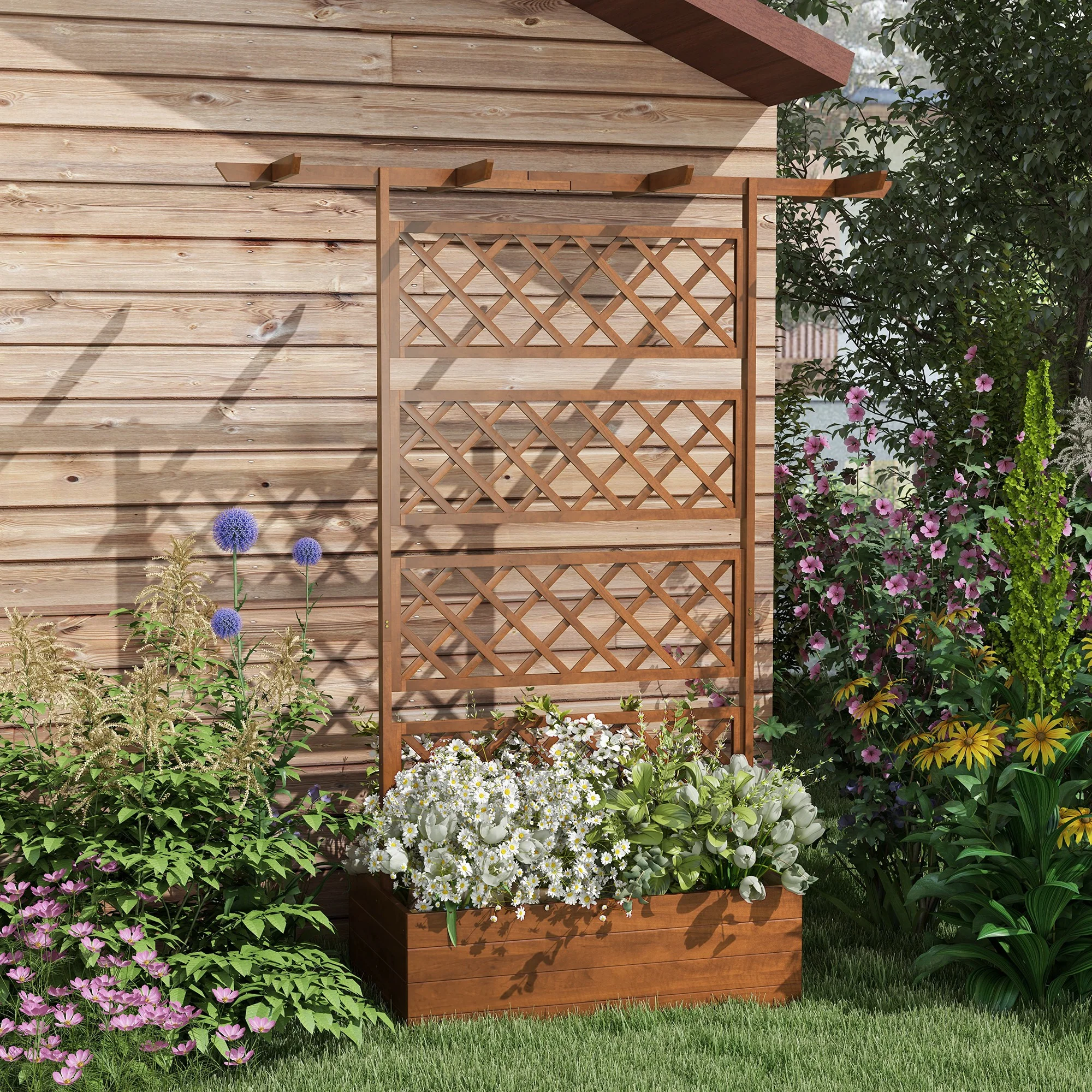 Wooden Raised Garden Bed with Trellis & Roof,63" x 21.7" x 72", Orange - Image 4