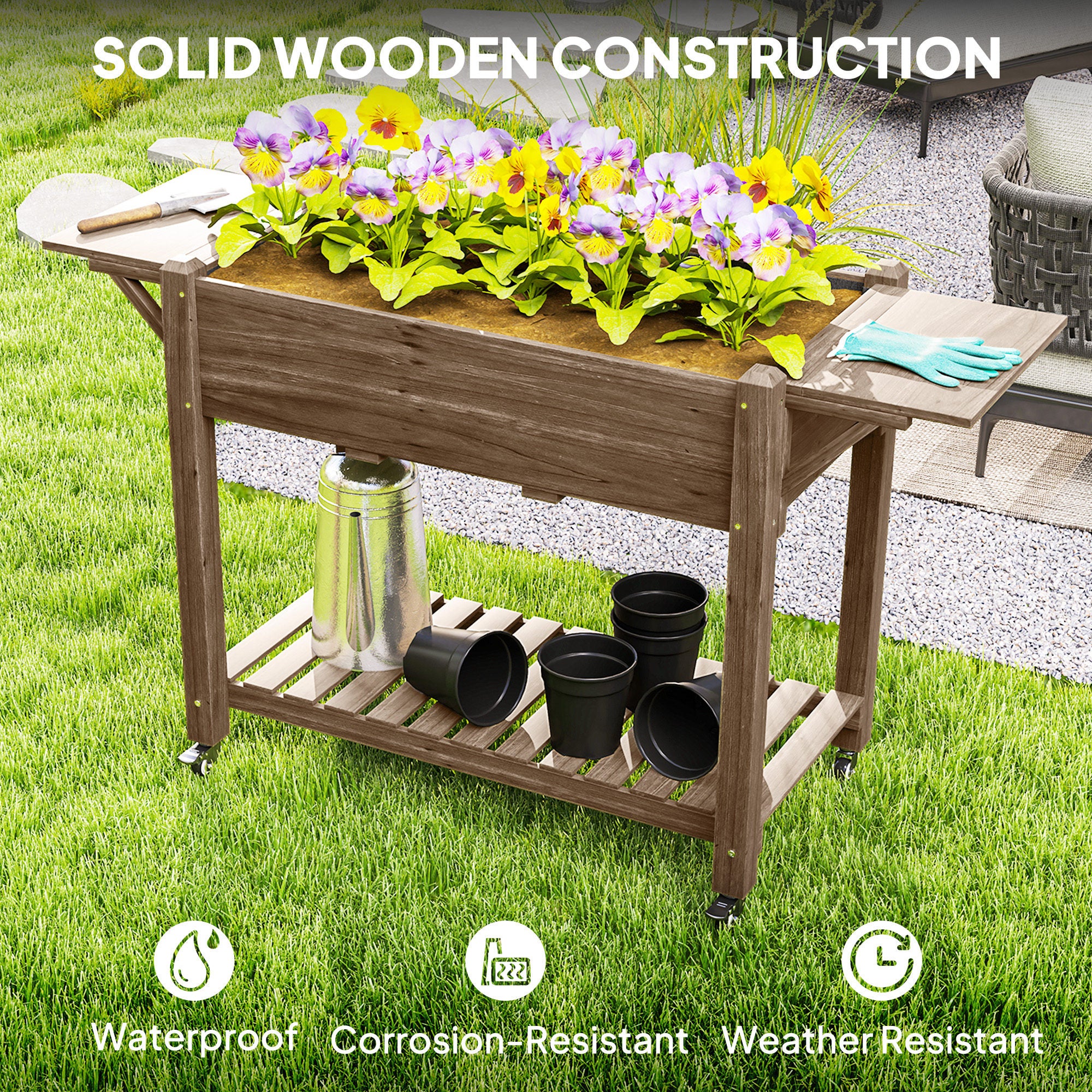 Wooden Elevated Planter Box with Lockable Wheels, Side Tables and Bottom Shelf, Carbonised - Image 10