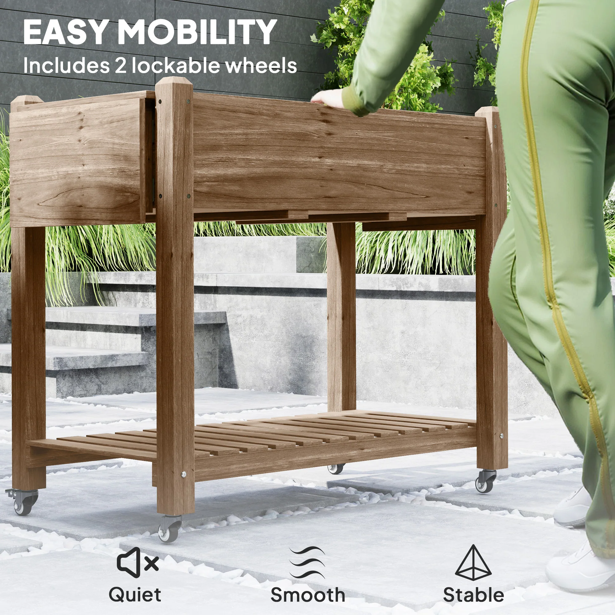 Wooden Elevated Planter Box with Lockable Wheels, Side Tables and Bottom Shelf, Carbonised - Image 7