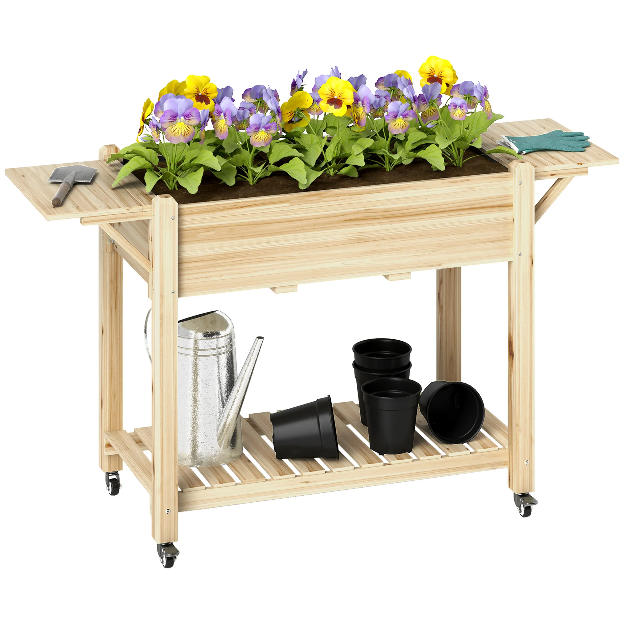 Wooden Elevated Planter Box with Lockable Wheels, Side Tables and Bottom Shelf, Natural