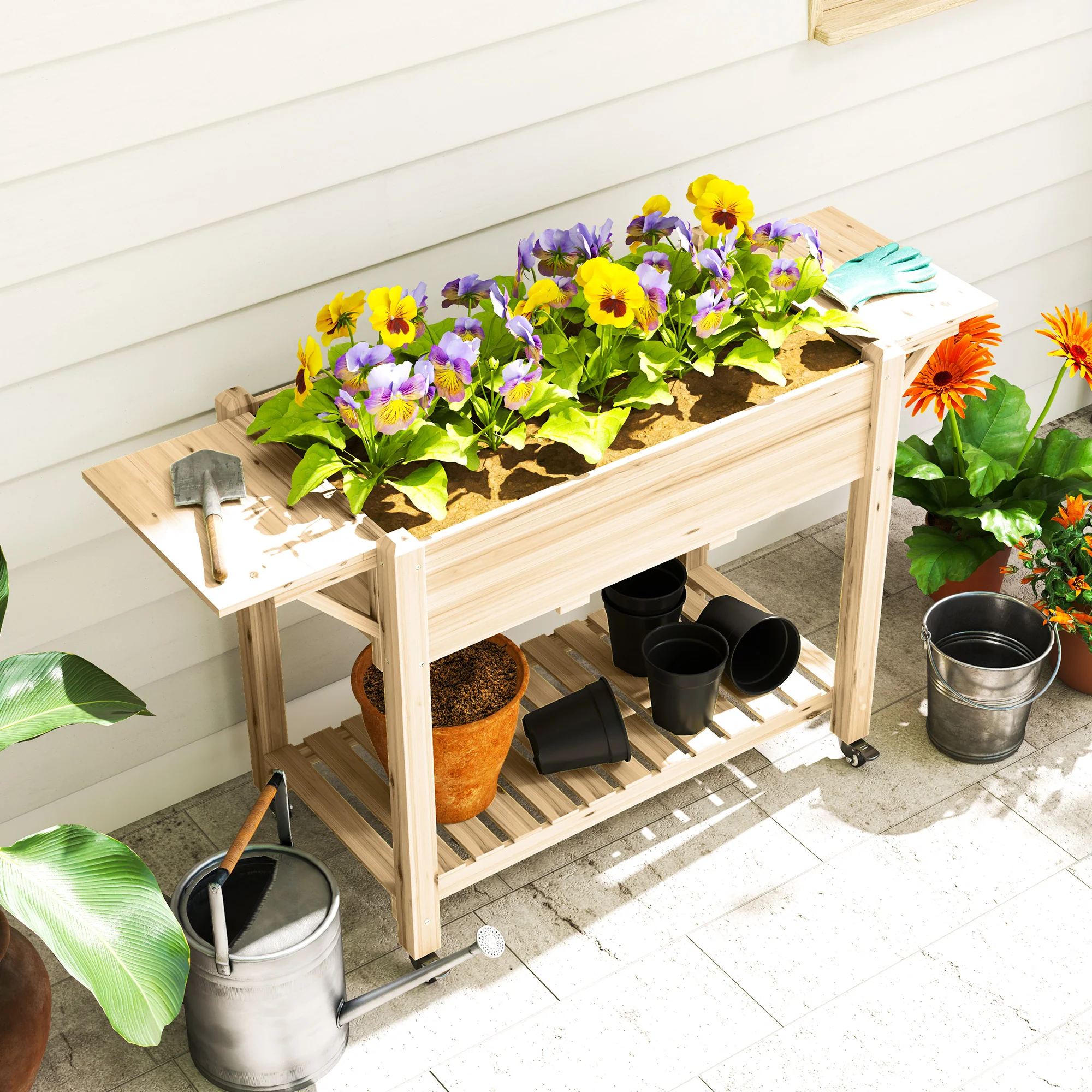 Wooden Elevated Planter Box with Lockable Wheels, Side Tables and Bottom Shelf, Natural - Image 11