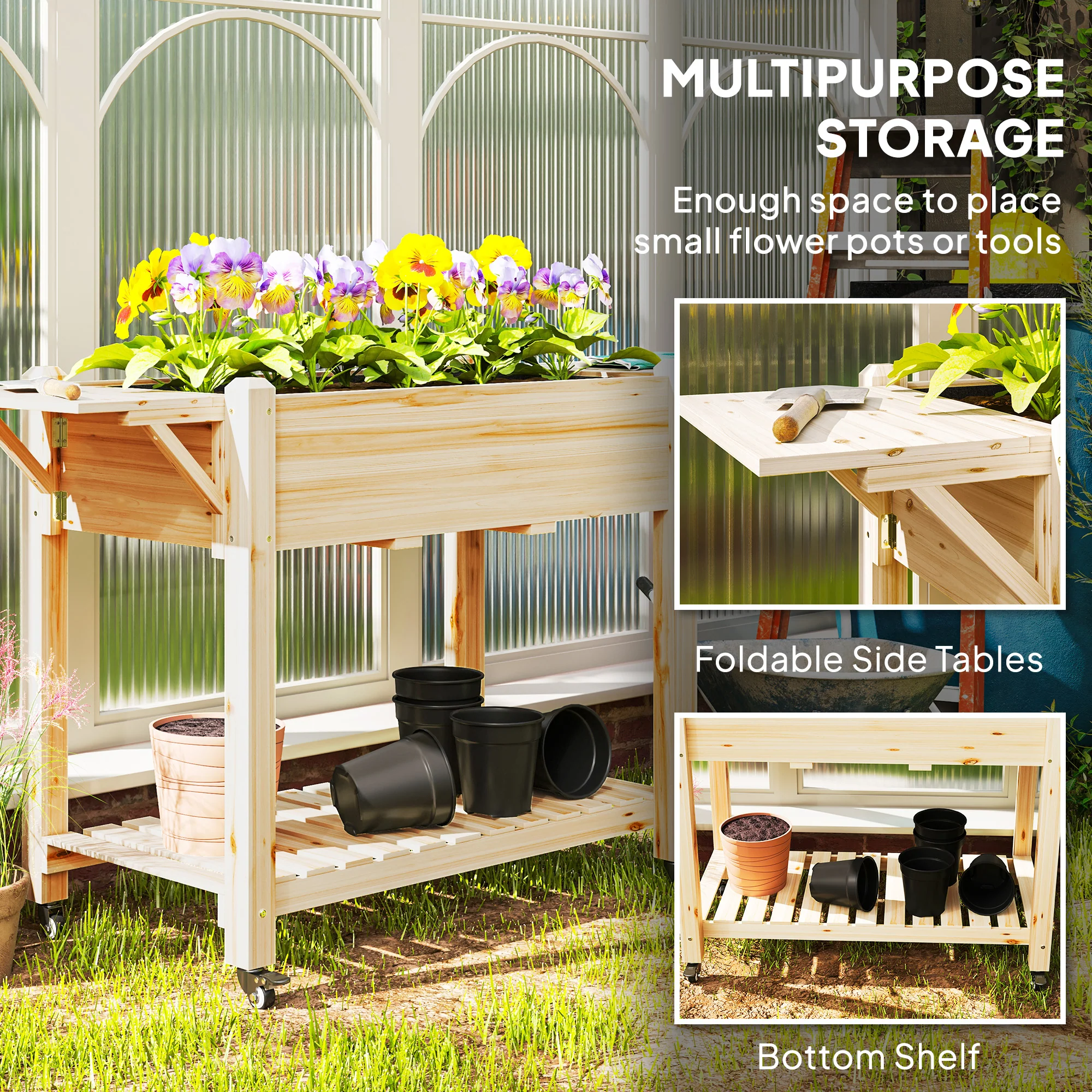 Wooden Elevated Planter Box with Lockable Wheels, Side Tables and Bottom Shelf, Natural - Image 6