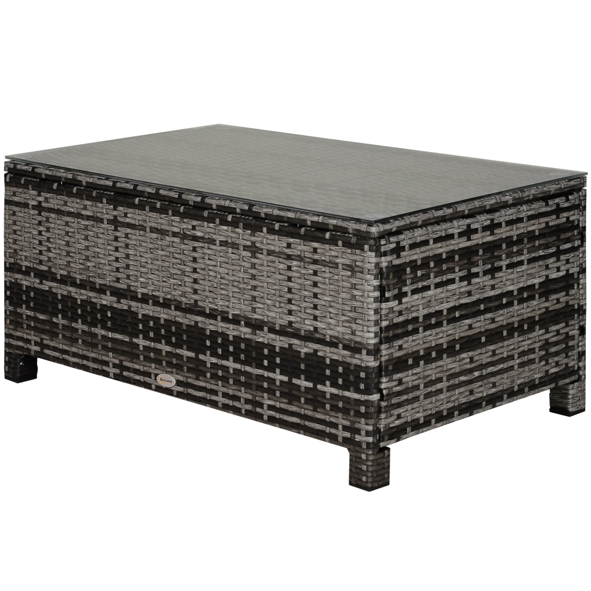 Rectangular Rattan Wicker Coffee Table with Tempered Glass Top & Anti-Slip Footing, Mixed Grey - Image 2