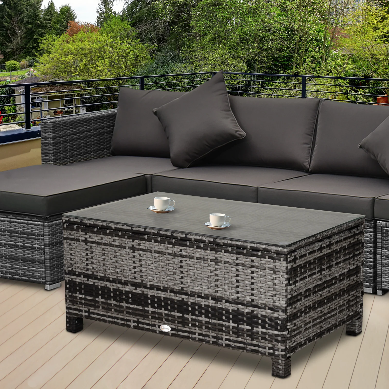 Rectangular Rattan Wicker Coffee Table with Tempered Glass Top & Anti-Slip Footing, Mixed Grey - Image 3
