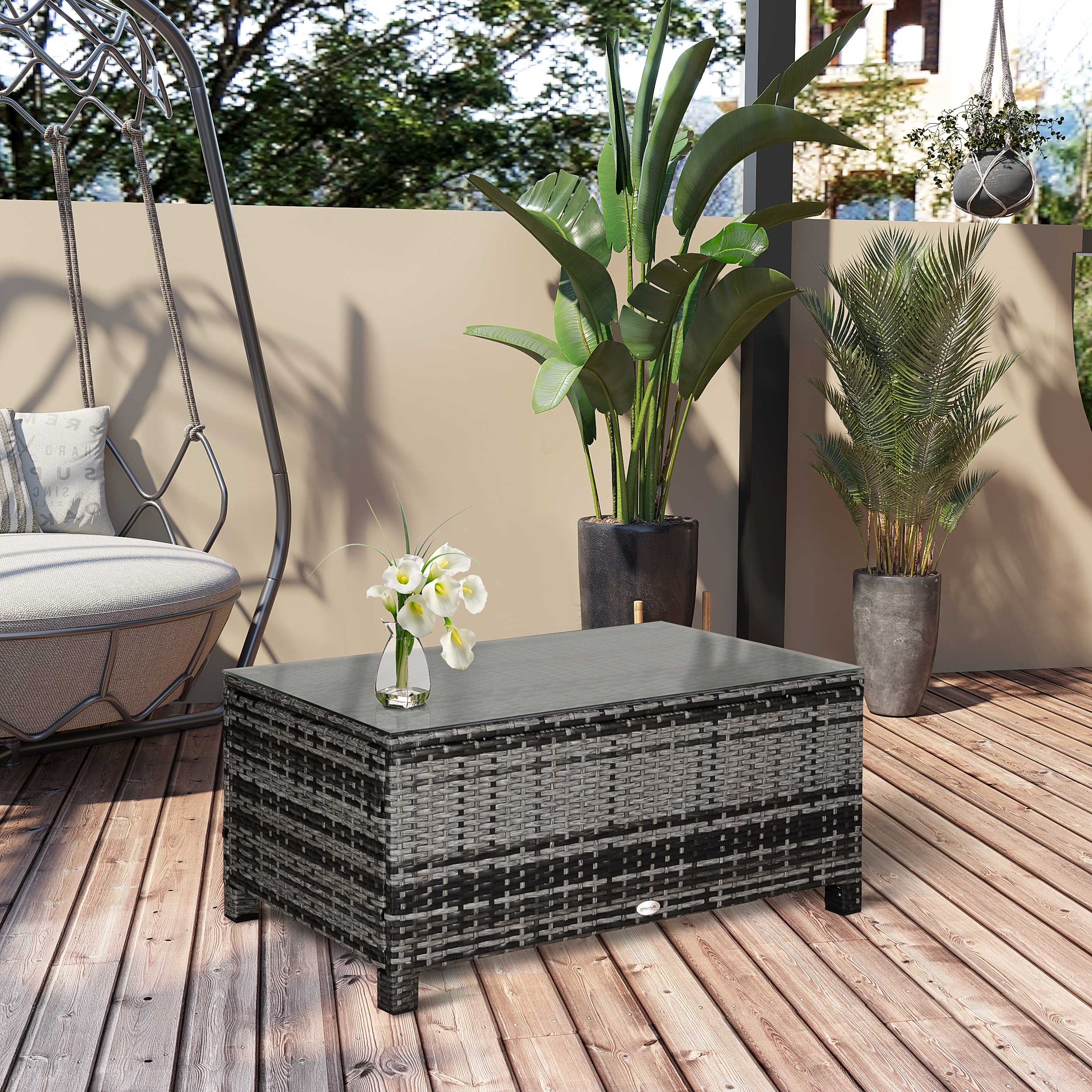 Rectangular Rattan Wicker Coffee Table with Tempered Glass Top & Anti-Slip Footing, Mixed Grey - Image 4