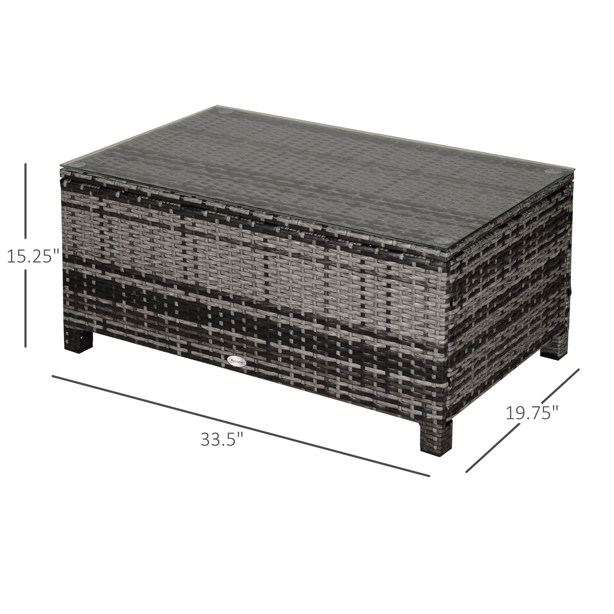 Rectangular Rattan Wicker Coffee Table with Tempered Glass Top & Anti-Slip Footing, Mixed Grey - Image 5