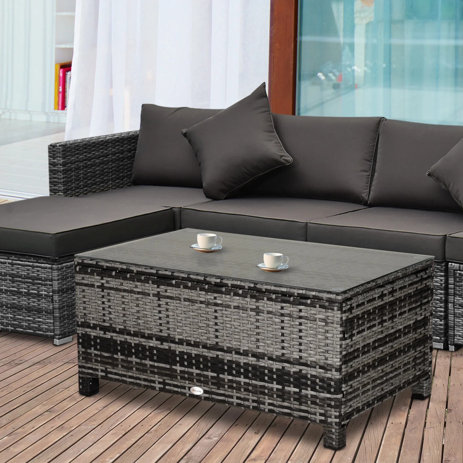 Rectangular Rattan Wicker Coffee Table with Tempered Glass Top & Anti-Slip Footing, Mixed Grey - Image 9