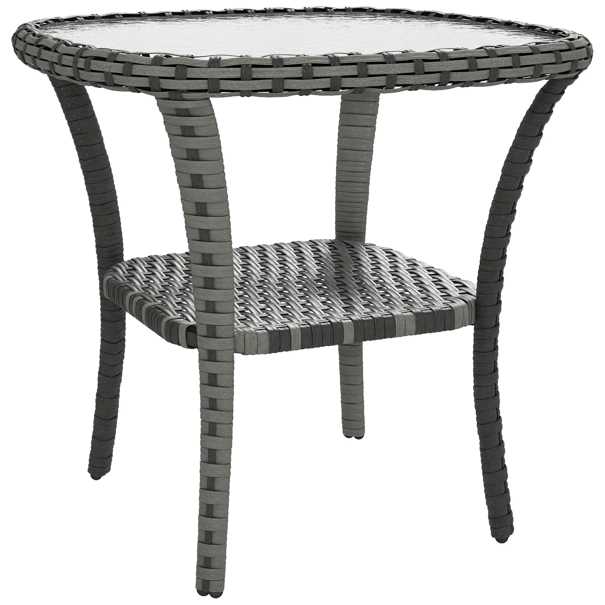 Rattan Coffee Table with Storage Shelf and Glass Top, Mixed Grey