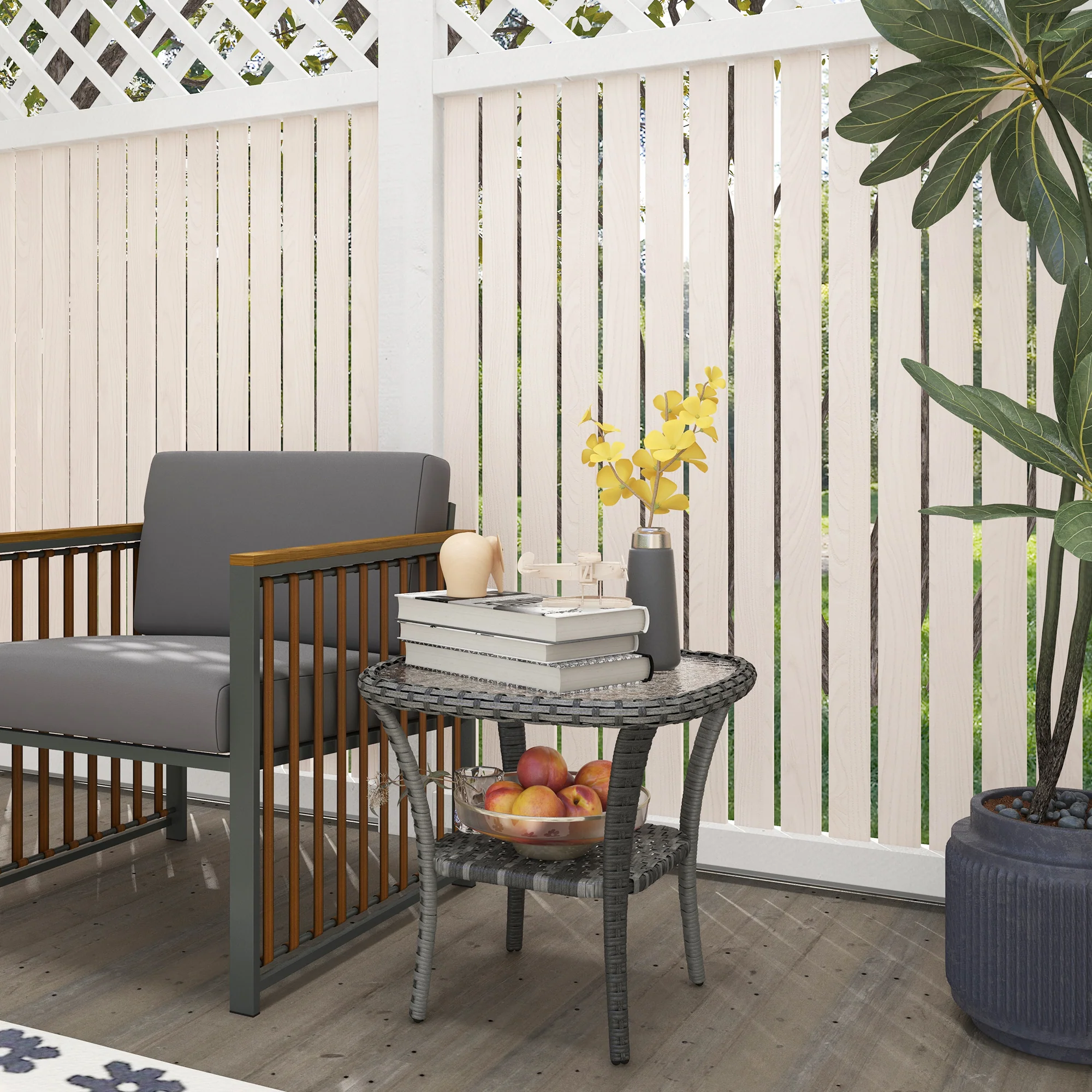 Rattan Coffee Table with Storage Shelf and Glass Top, Mixed Grey - Image 4