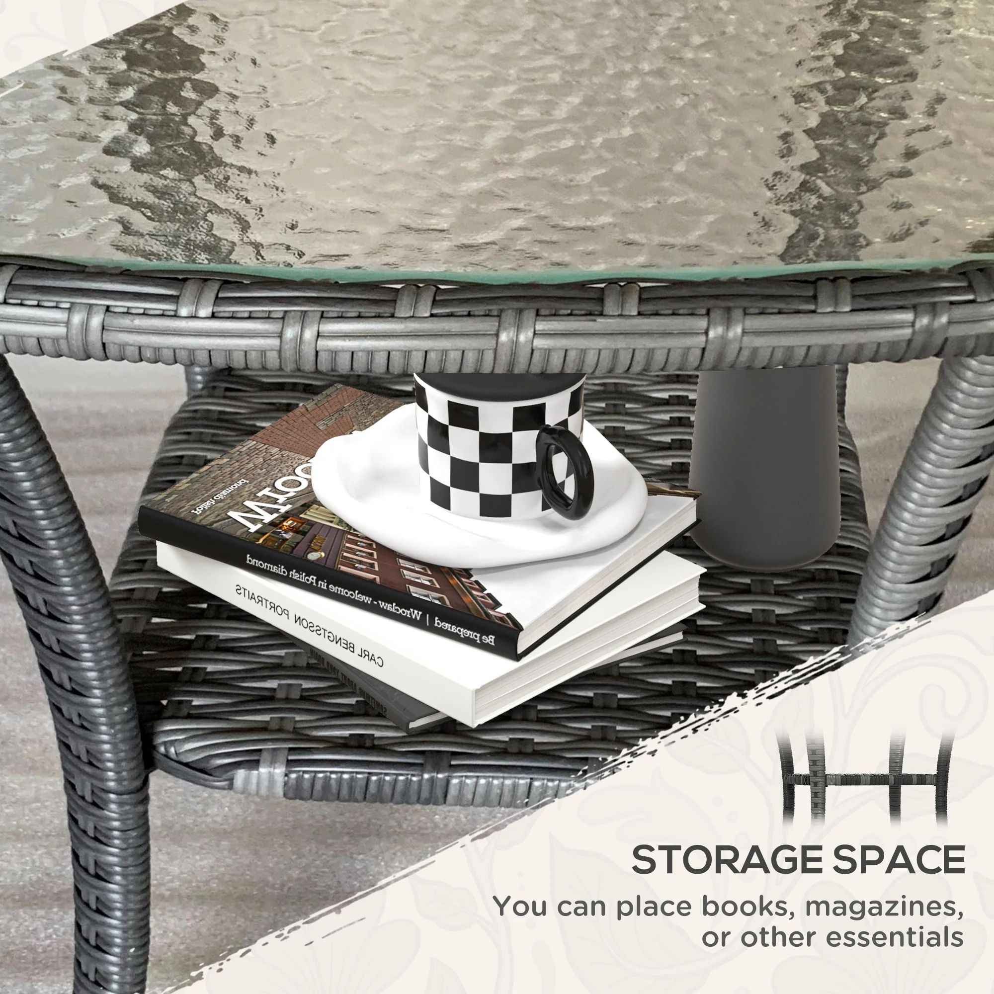 Rattan Coffee Table with Storage Shelf and Glass Top, Mixed Grey - Image 7