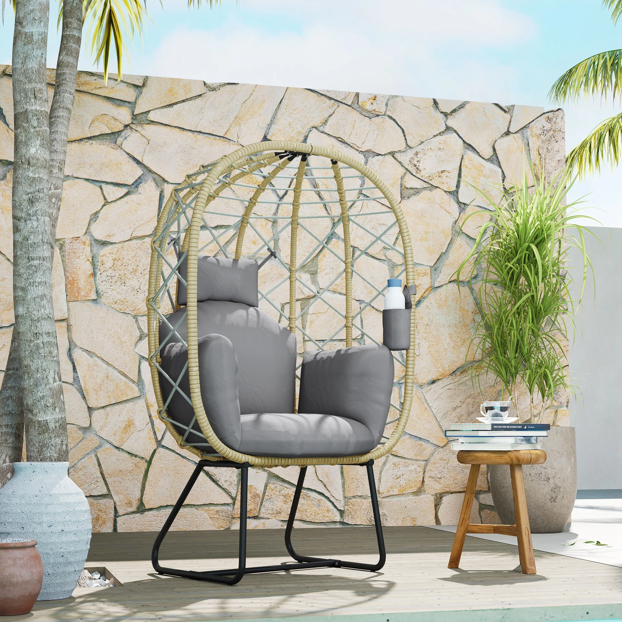 Rattan Egg Chair with Thickened Cushion, Headrest & Cup Holder for Patio, Balcony, Grey - Image 10