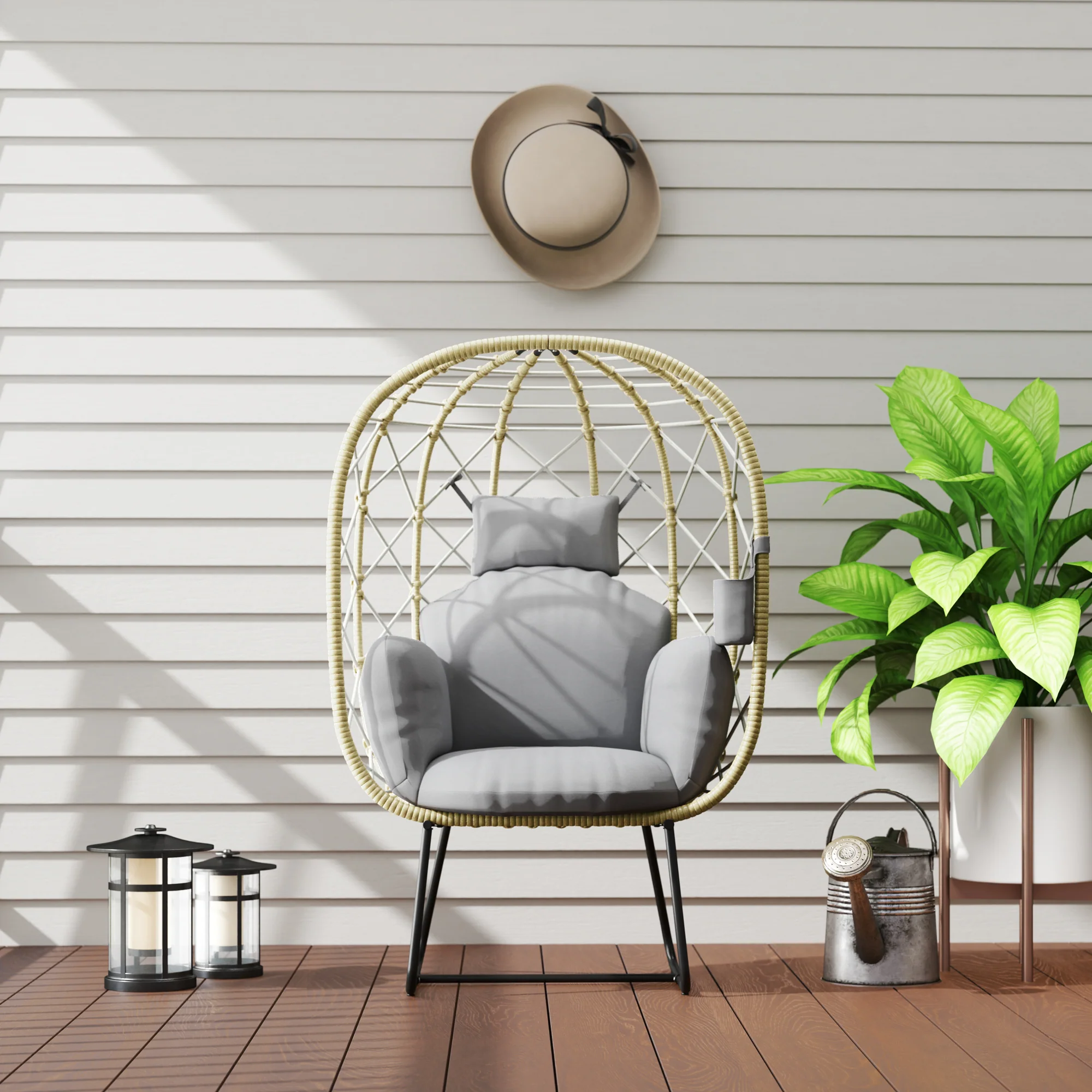 Rattan Egg Chair with Thickened Cushion, Headrest & Cup Holder for Patio, Balcony, Grey - Image 11