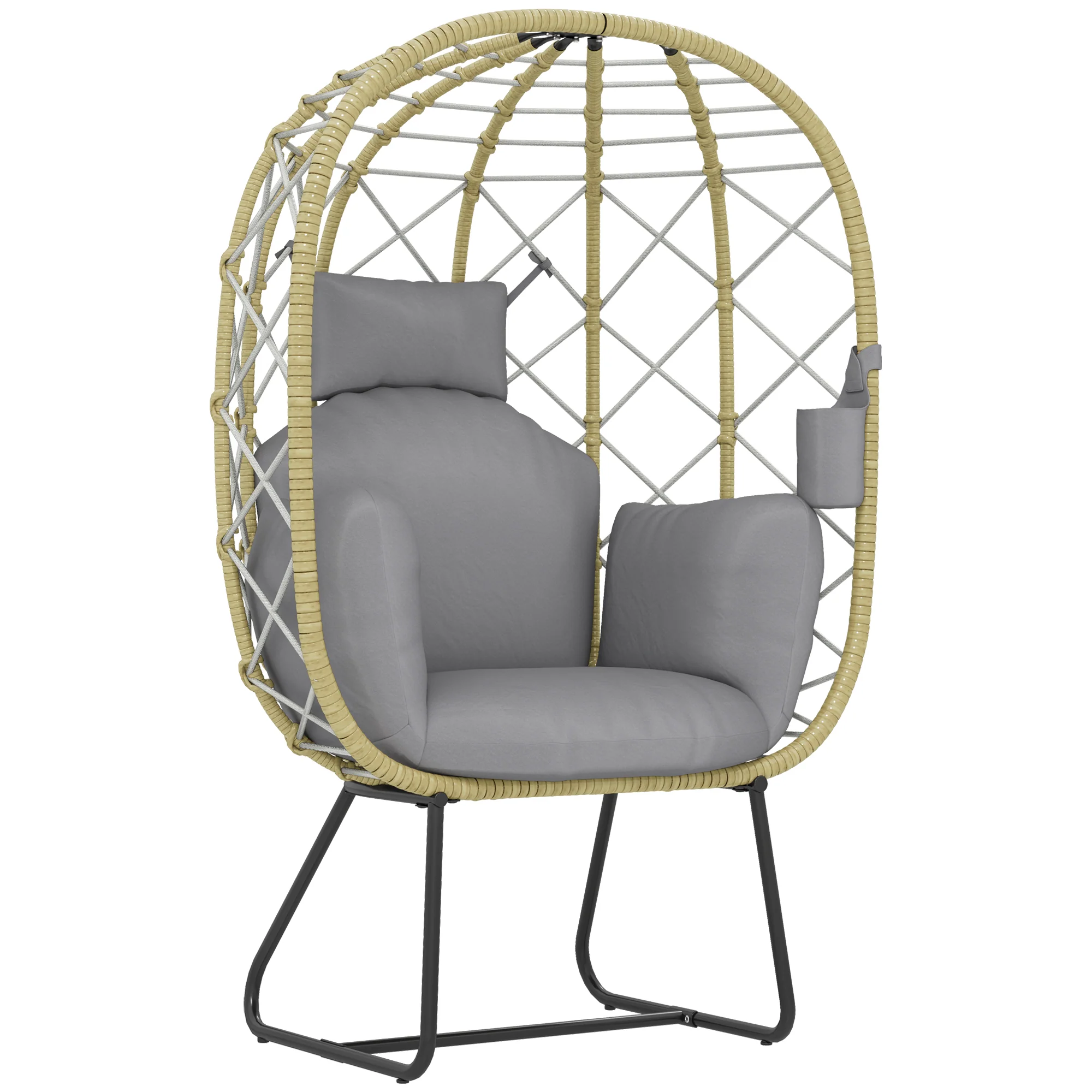 Rattan Egg Chair with Thickened Cushion, Headrest & Cup Holder for Patio, Balcony, Grey - Image 12