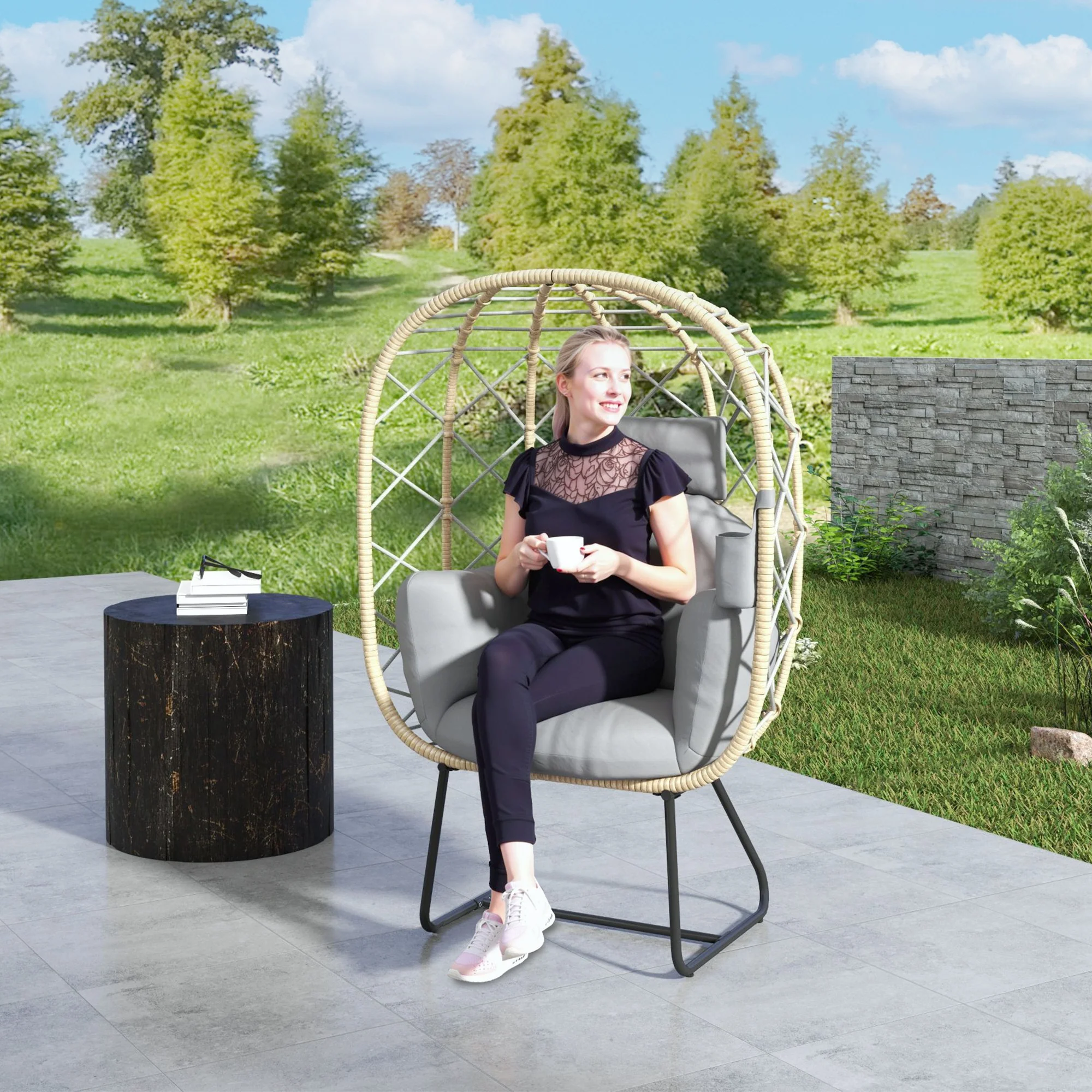 Rattan Egg Chair with Thickened Cushion, Headrest & Cup Holder for Patio, Balcony, Grey - Image 4