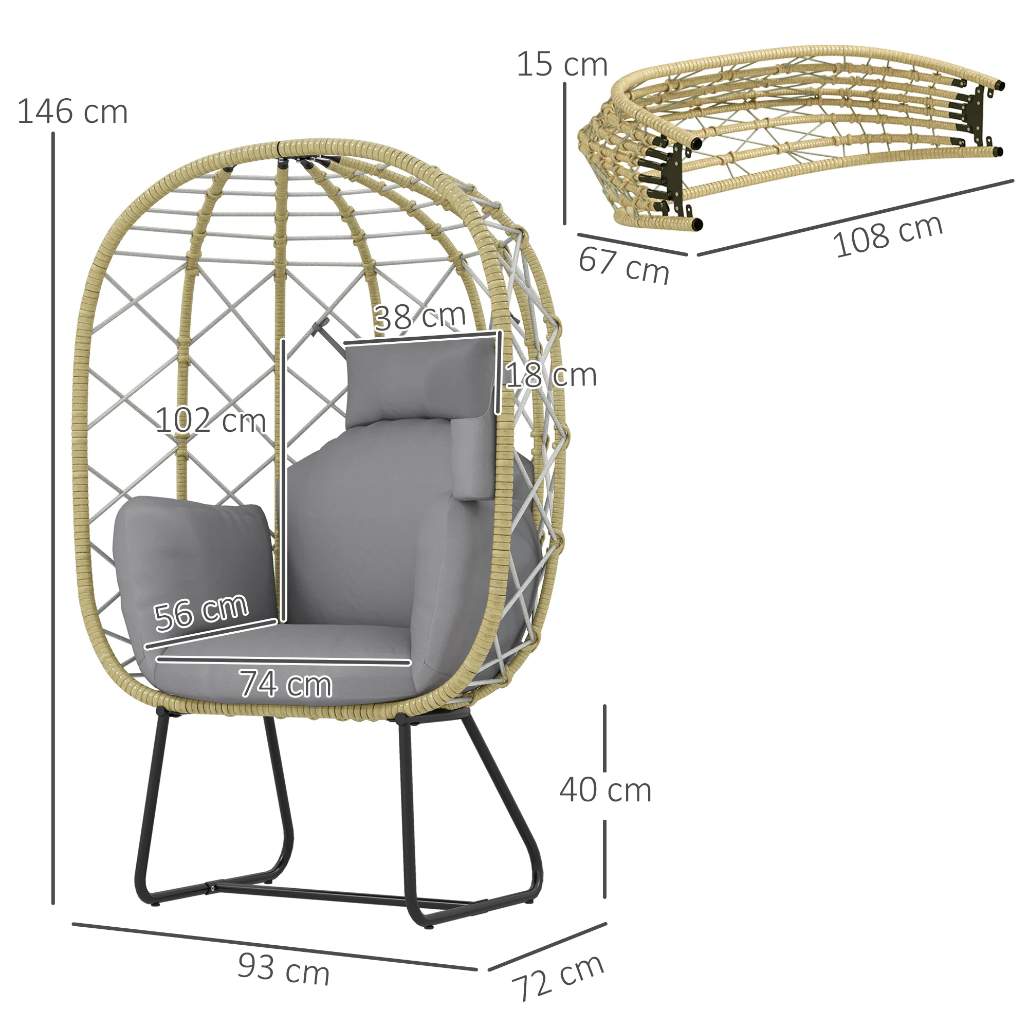 Rattan Egg Chair with Thickened Cushion, Headrest & Cup Holder for Patio, Balcony, Grey - Image 5