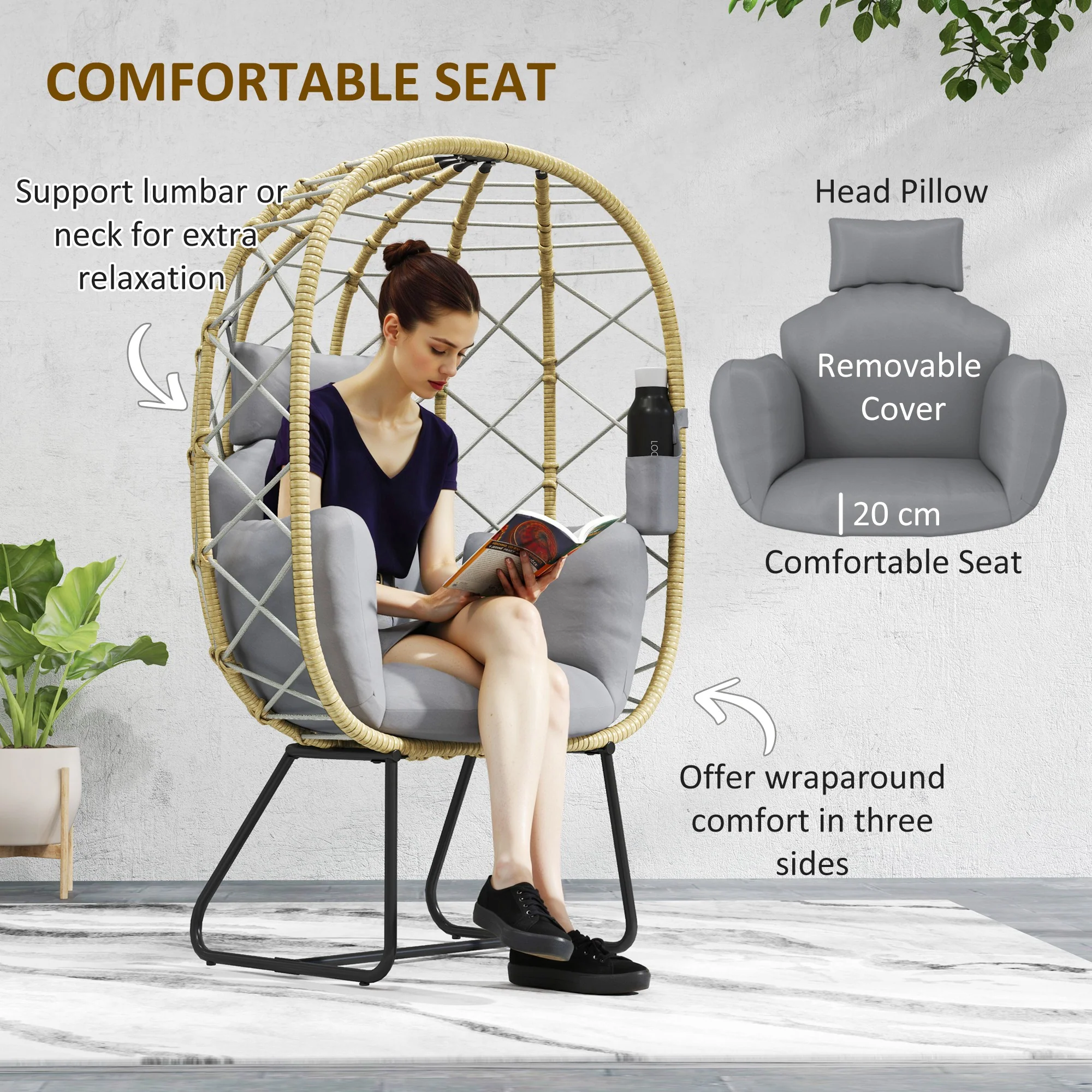 Rattan Egg Chair with Thickened Cushion, Headrest & Cup Holder for Patio, Balcony, Grey - Image 6