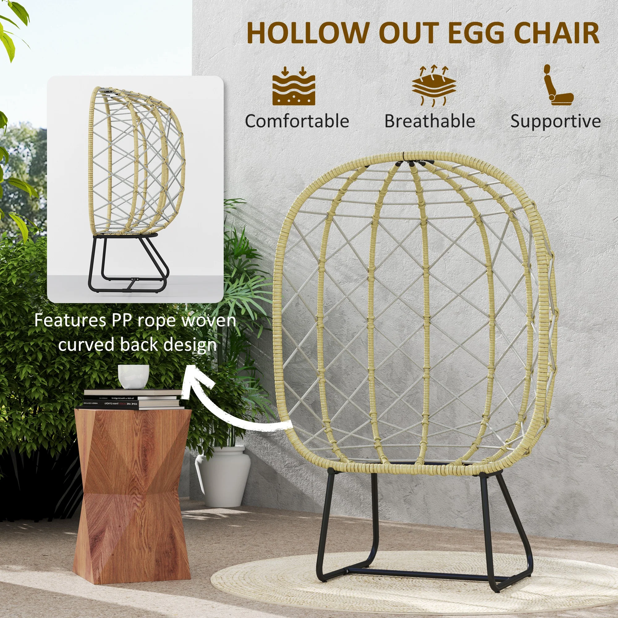 Rattan Egg Chair with Thickened Cushion, Headrest & Cup Holder for Patio, Balcony, Grey - Image 7