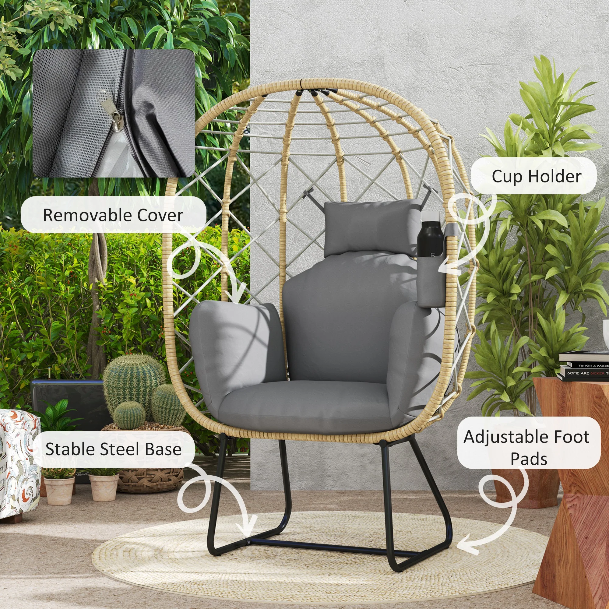 Rattan Egg Chair with Thickened Cushion, Headrest & Cup Holder for Patio, Balcony, Grey - Image 9