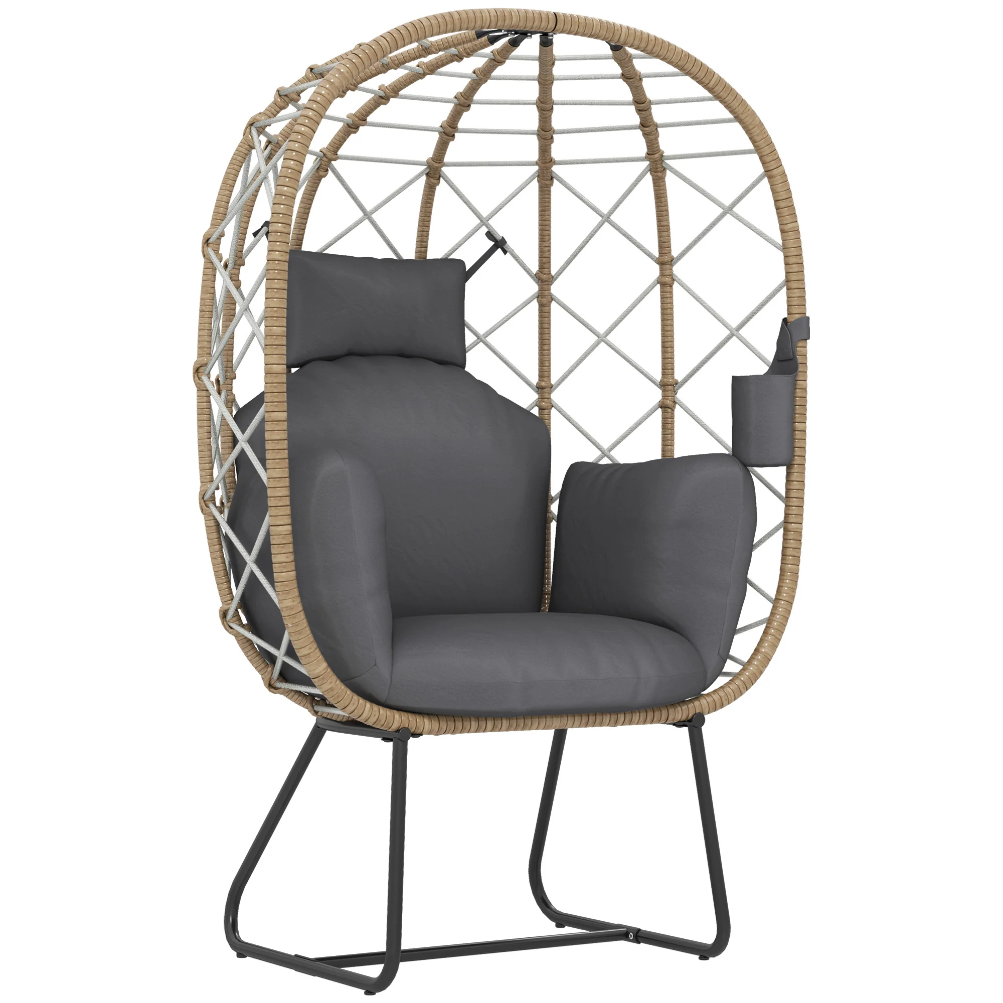 Rattan Egg Chair with Thickened Cushion, Headrest & Cup Holder for Patio, Balcony, Brown