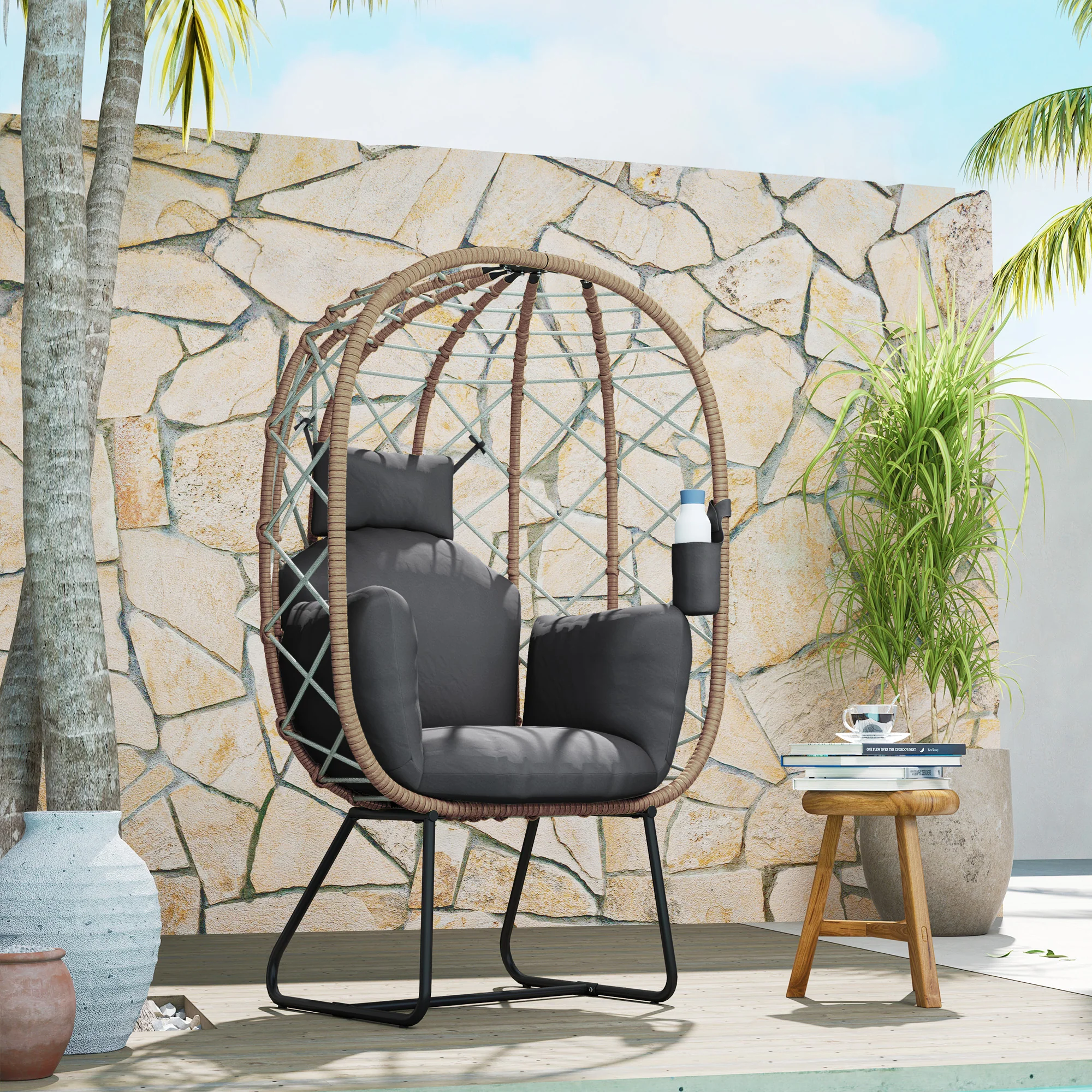 Rattan Egg Chair with Thickened Cushion, Headrest & Cup Holder for Patio, Balcony, Brown - Image 10