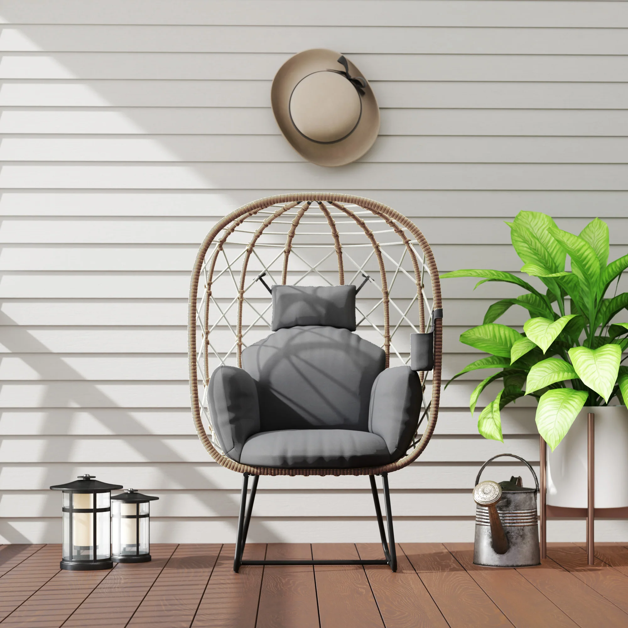 Rattan Egg Chair with Thickened Cushion, Headrest & Cup Holder for Patio, Balcony, Brown - Image 11