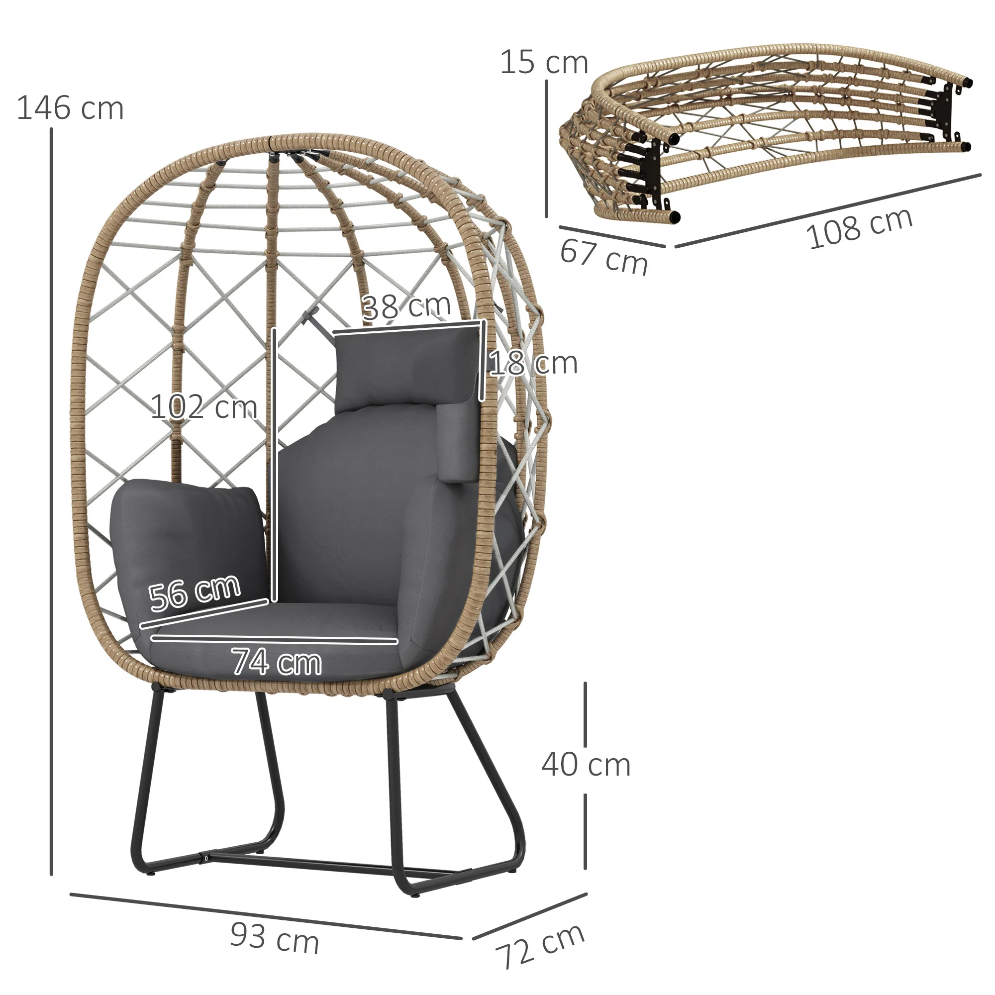 Rattan Egg Chair with Thickened Cushion, Headrest & Cup Holder for Patio, Balcony, Brown - Image 5