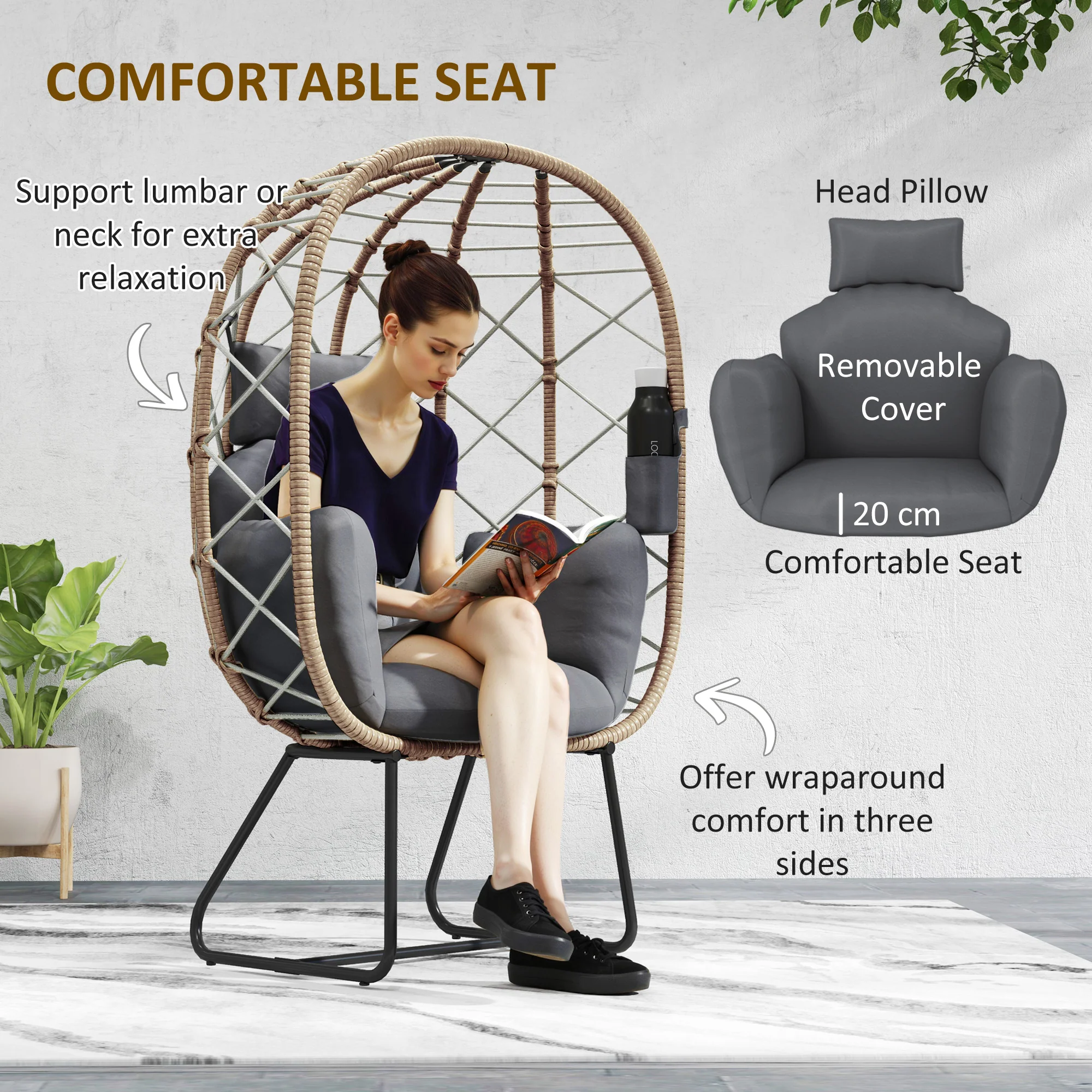 Rattan Egg Chair with Thickened Cushion, Headrest & Cup Holder for Patio, Balcony, Brown - Image 6