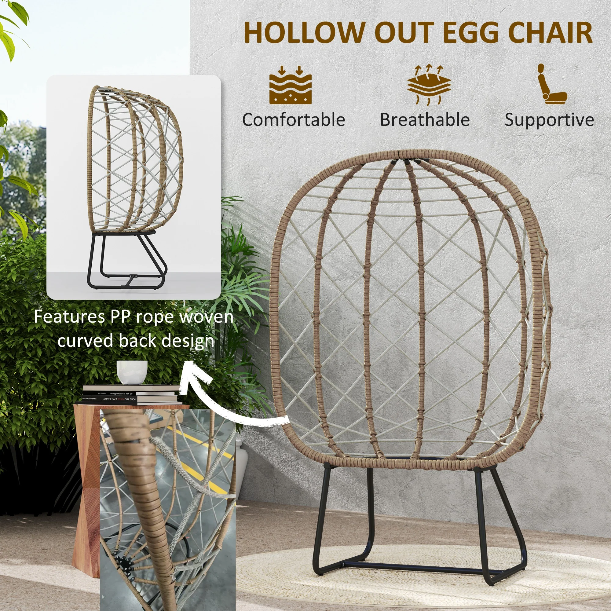 Rattan Egg Chair with Thickened Cushion, Headrest & Cup Holder for Patio, Balcony, Brown - Image 7