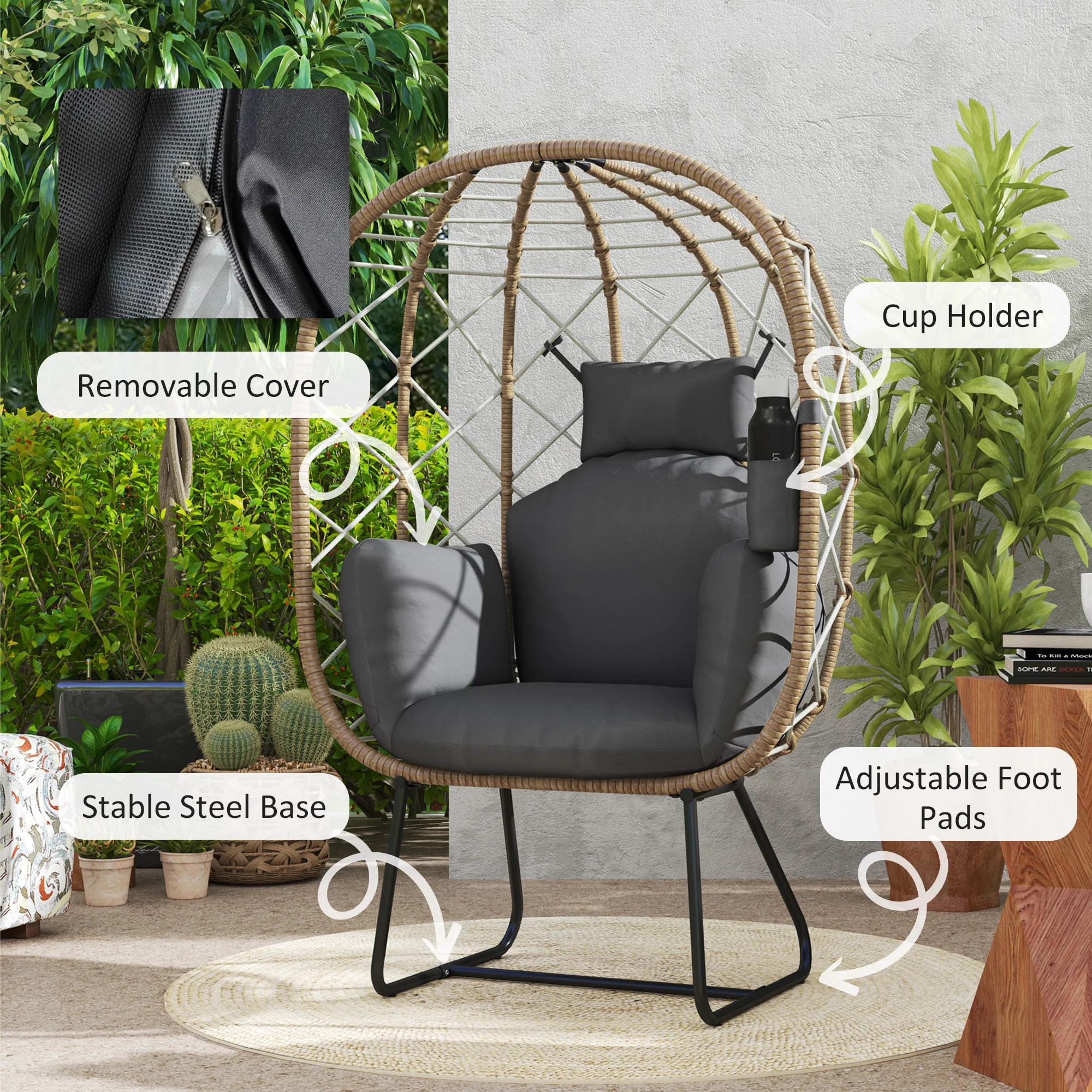 Rattan Egg Chair with Thickened Cushion, Headrest & Cup Holder for Patio, Balcony, Brown - Image 9