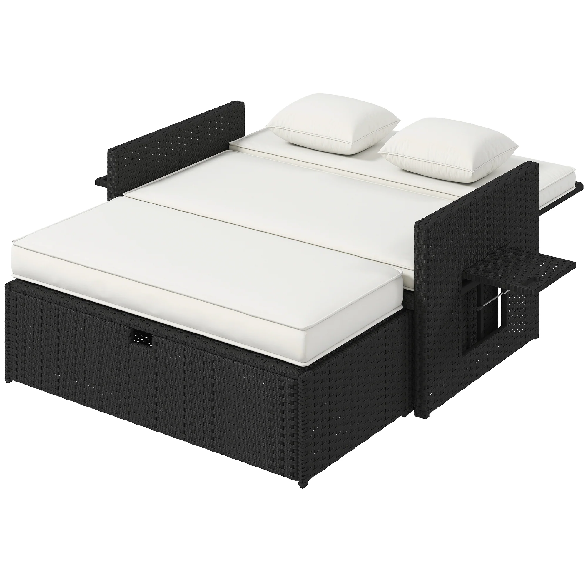 Rattan Garden Daybed with Ottoman, Retractable Trays & Cushions, Cream White - Image 2