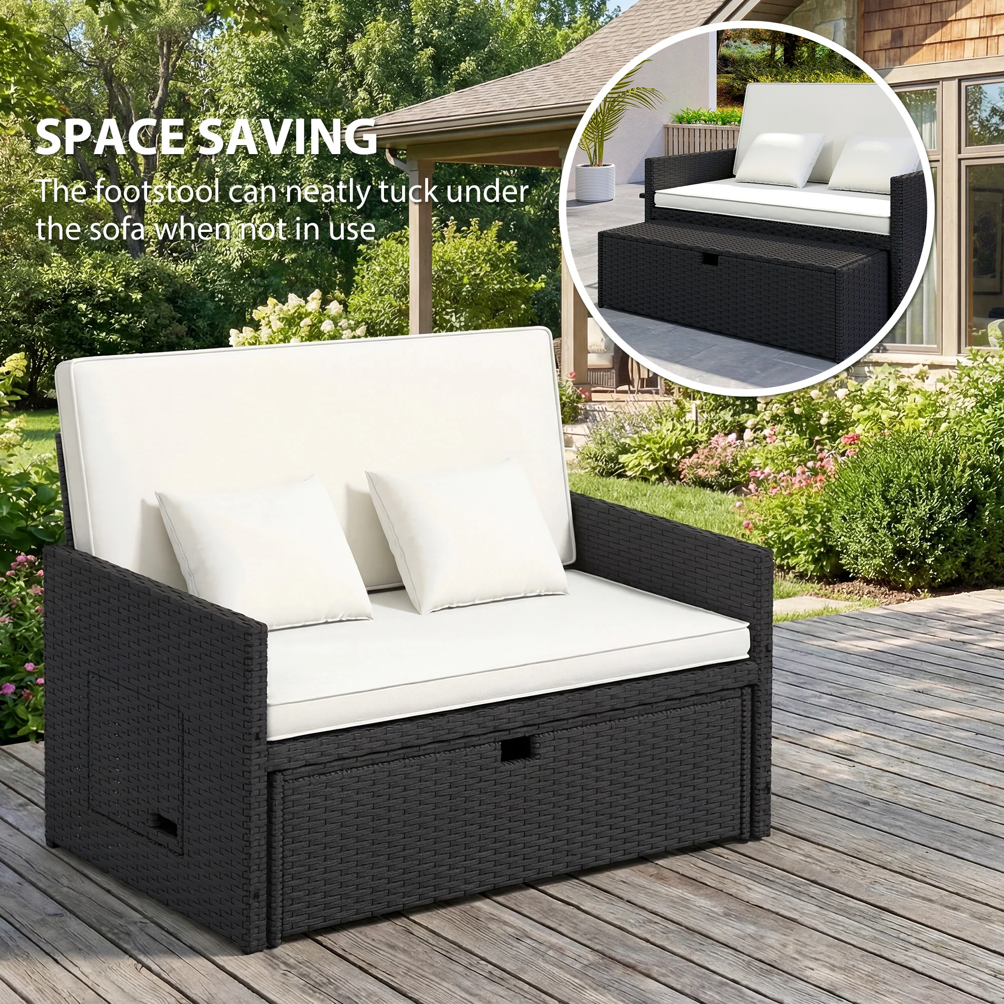 Rattan Garden Daybed with Ottoman, Retractable Trays & Cushions, Cream White - Image 9