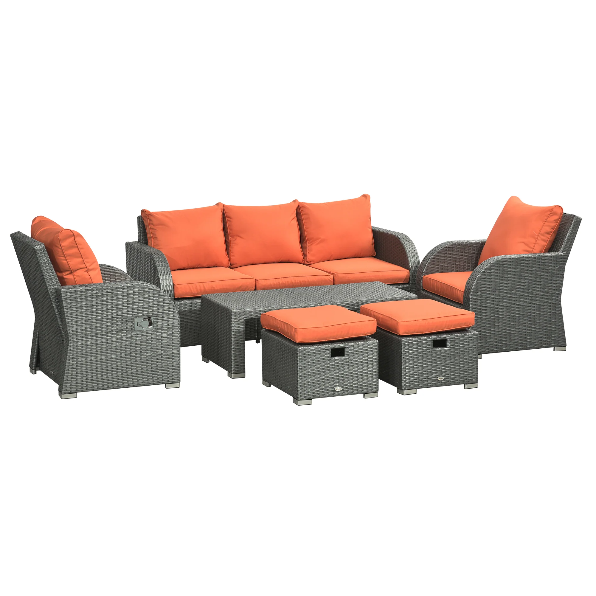 Rattan Garden Sofa Set w/ 3 Seater Sofa, Reclining Single Sofa, Coffee Table, Footstool, Orange